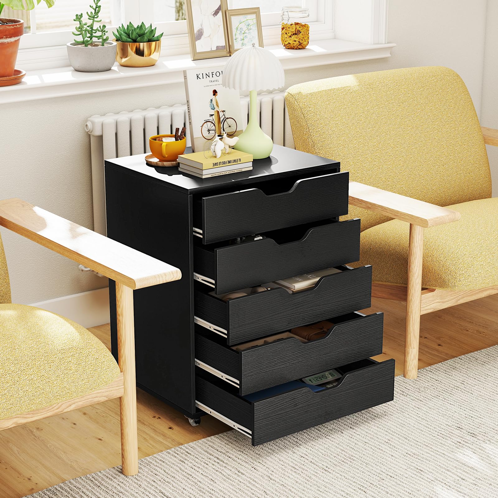 GIANTEX Cassetto da scrivania mobile con 5 cassetti da ufficio, mobile da ufficio, organizer con ruote, supporto per stampante per cartelle, documenti, documenti, carta, 48 x 39,5 x 69,5 cm (Nero)