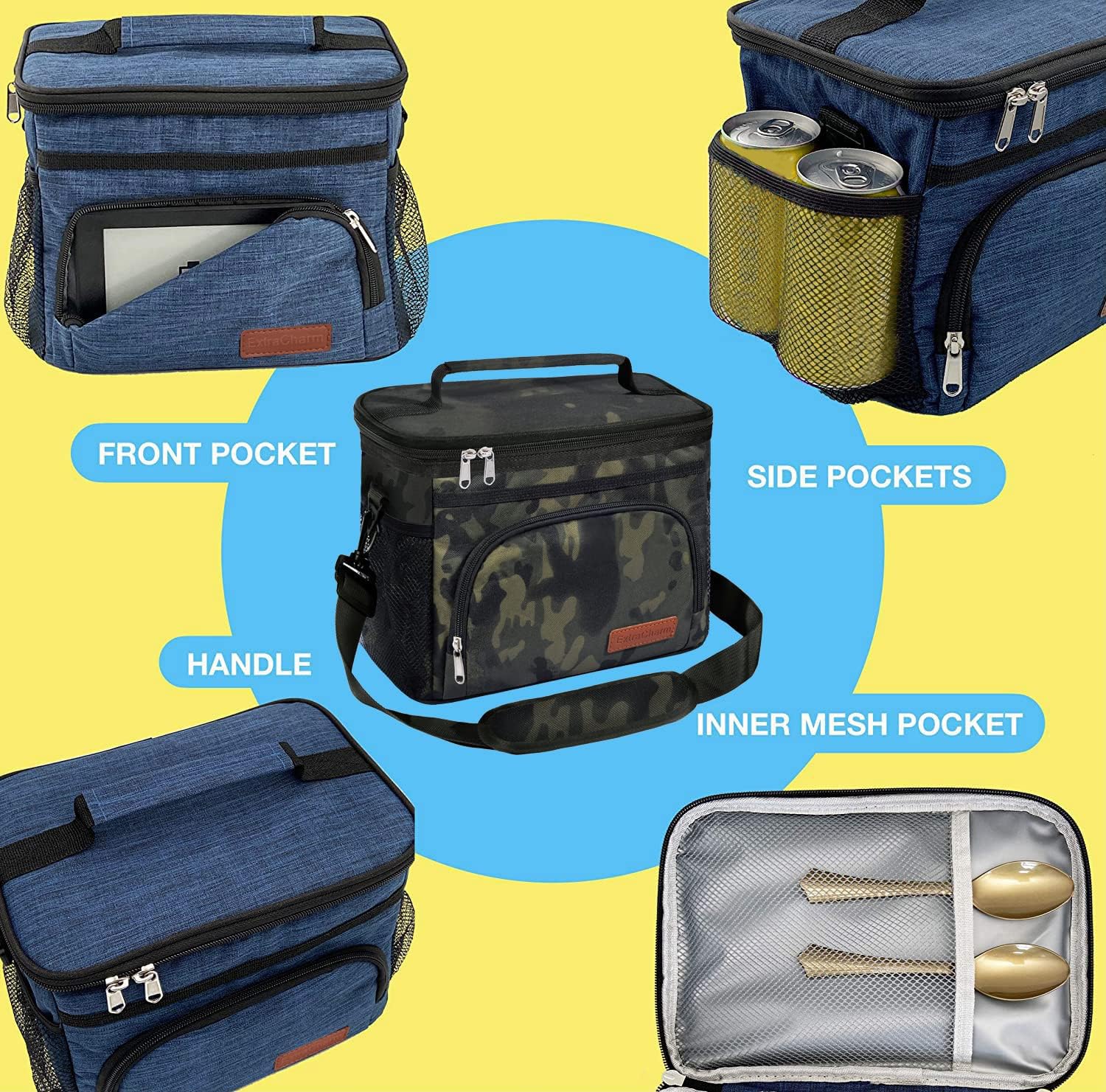ExtraCharm Sac à déjeuner isotherme pour femme/homme – Boîte à déjeuner réutilisable pour bureau, pique-nique, randonnée, plage – Sac fourre-tout isotherme étanche avec bandoulière réglable pour