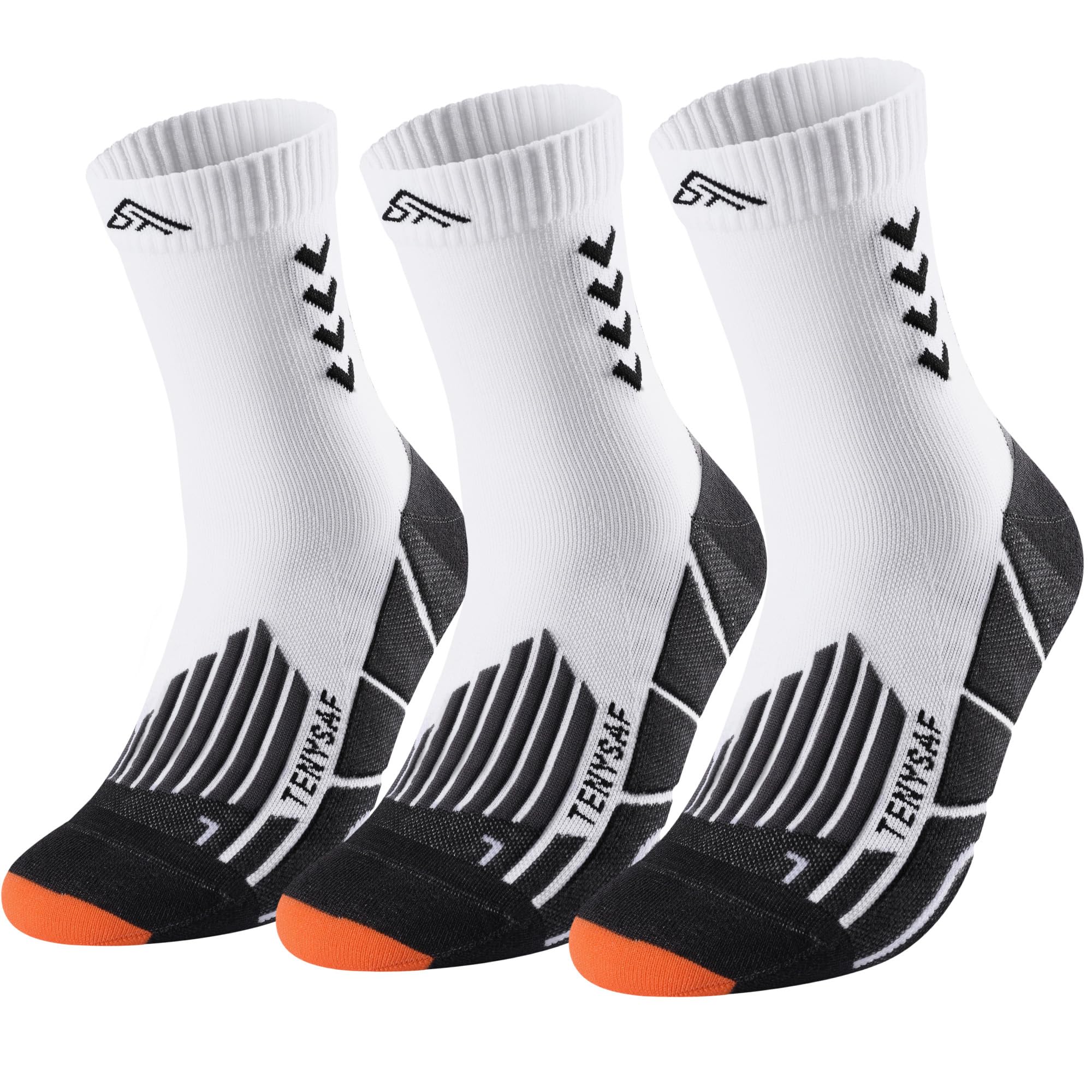 Lounwee Compression Running Socks for Men and Women: Crew Sports Socks with Padding, 3 Pack for Work, Hiking and Basketball, F-White White, 43-46
