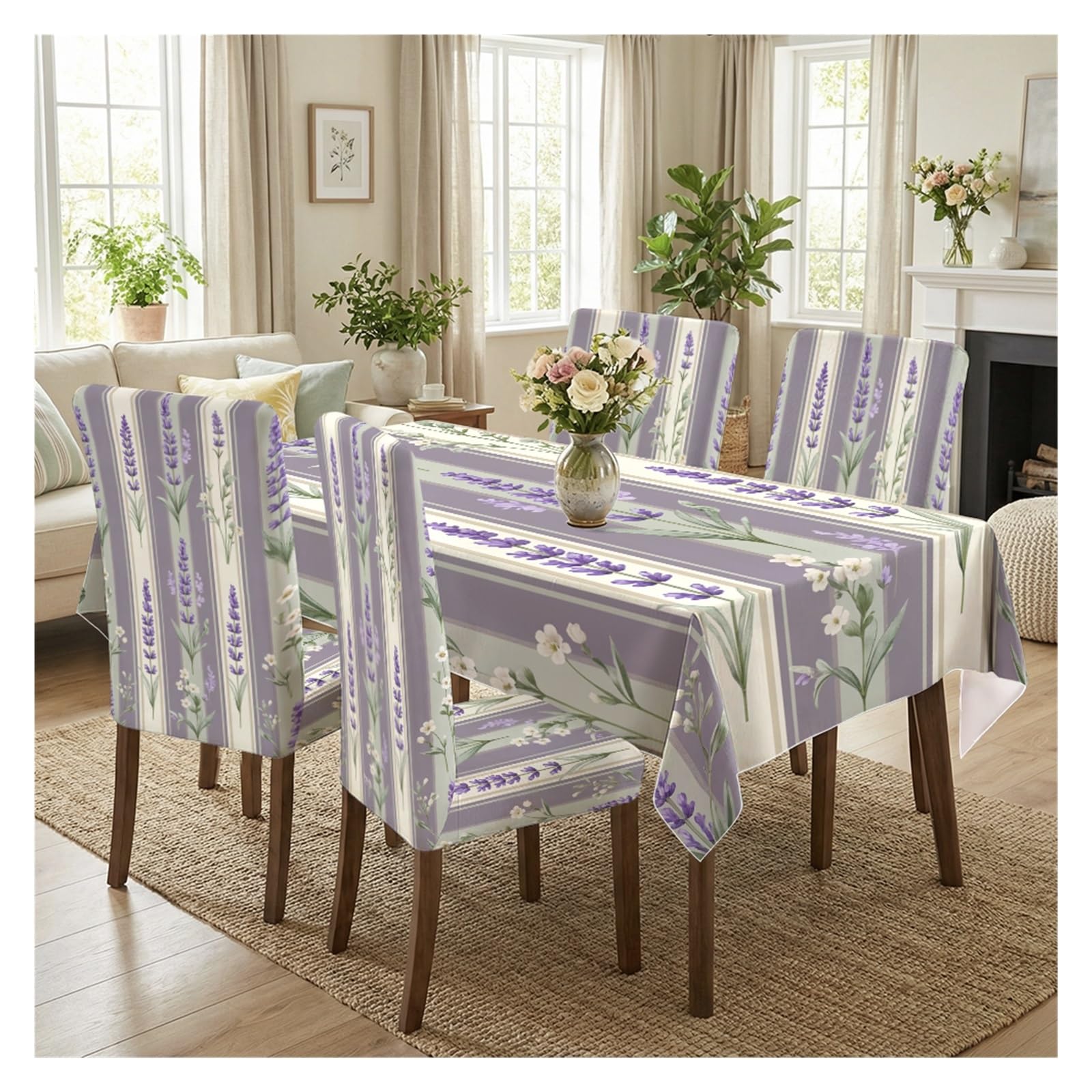 BOSUYBN Lavender Stripe Dining Tablecloth & Chair Covers Set, 5/7 Piece Vintage Floral Striped Stretch Slipcovers For Farmhouse Home Table Setting(5pcs Set: Tablecloth+Chair Covers)