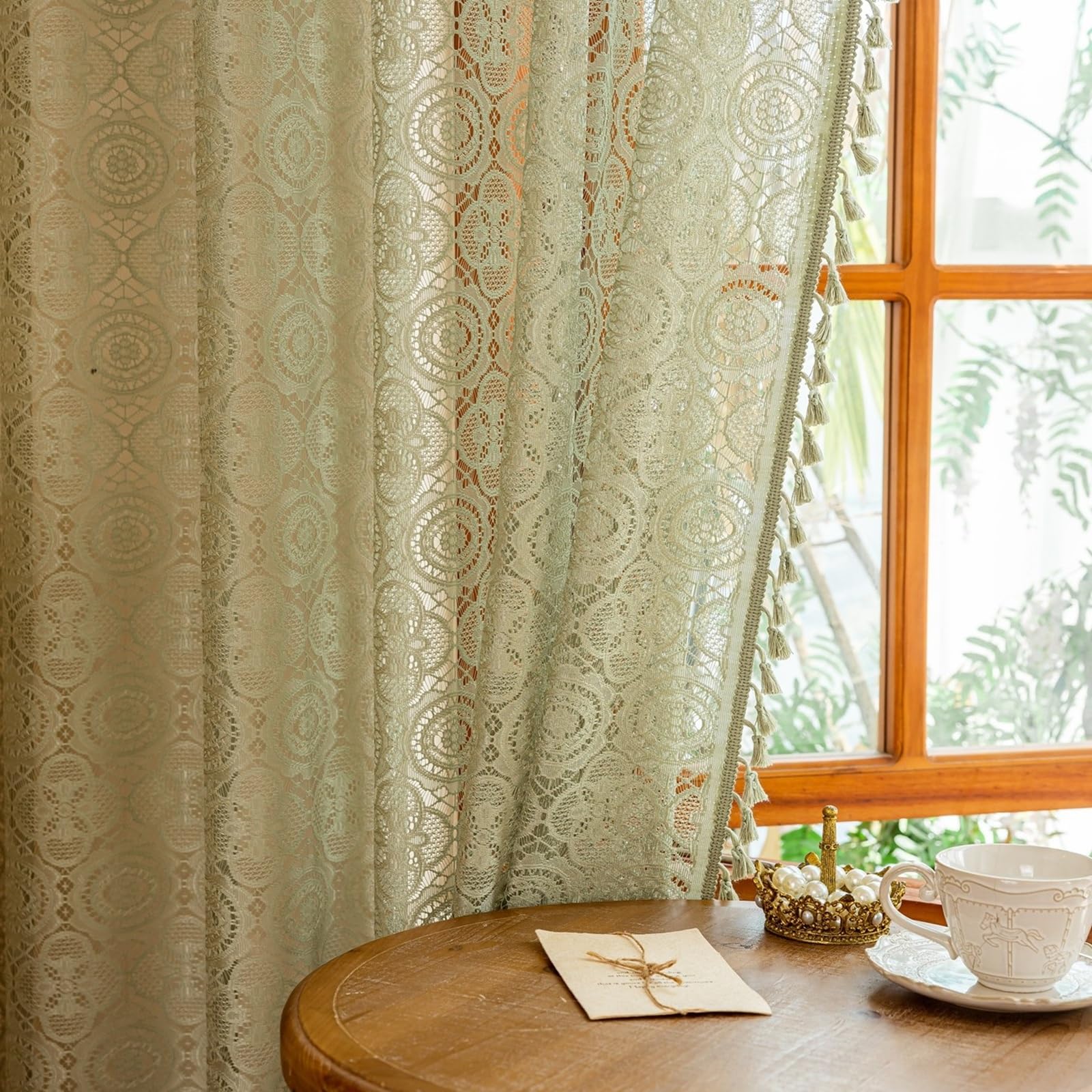 YJ YANJUN Green Boho Kitchen Curtains- W59 X L54 inch Length 2 Panels, Cute Short Semi Sheer Lace Curtains for Bedroom Laundry Room, Vintage Hollow Crochet Floral Pattern, Rod Pocket Sage Green
