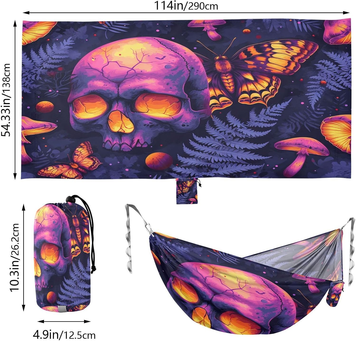 ALAZA Rainbow Skull Butterfly Camping Hammocks Single or 2 Person 500 lbs Portable Parachute Travel Hammock w/Tree Straps for Hiking Backpacking Indoor Outdoor