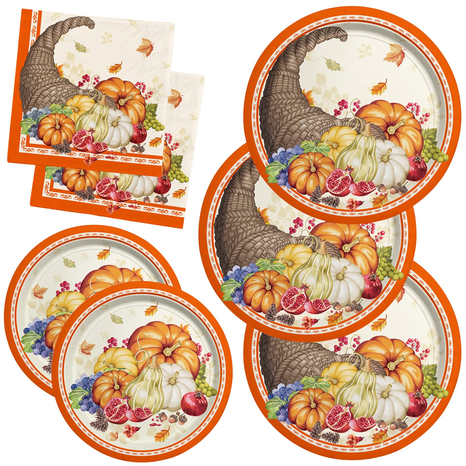 Fall Pumpkin Harvest Party Supply Kit Includes Cornucopia Disposable Paper Dinner Plates, Dessert Plates and Napkins for Thanksgiving Autumn Party Decorations, Serve 50