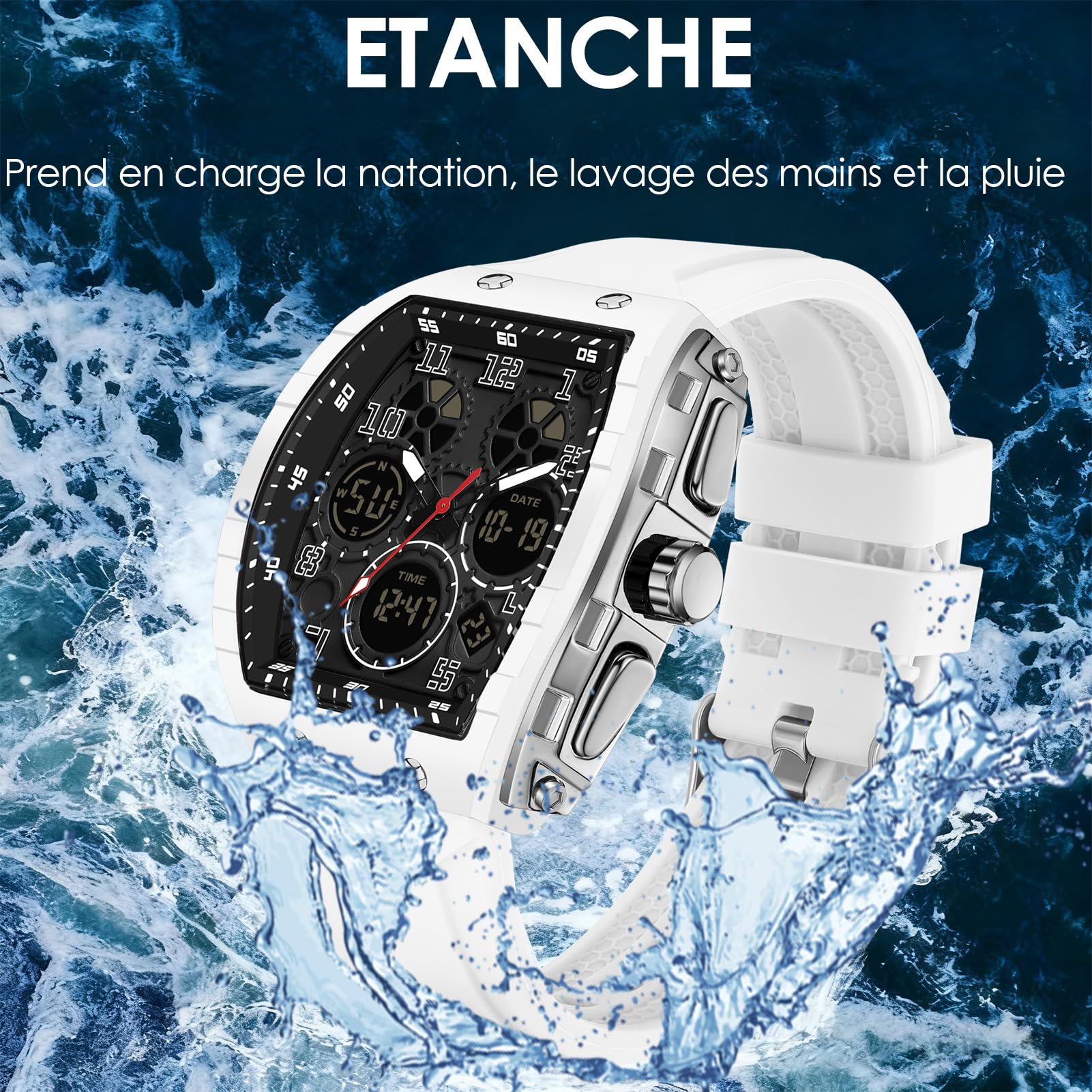 findtime Montre Militaire Homme Sport Design Unique Cadran Rectangulaire, Affichage Numérique Analogique, Double Fuseau, Chronomètre Étanche 5ATM, Style Punk