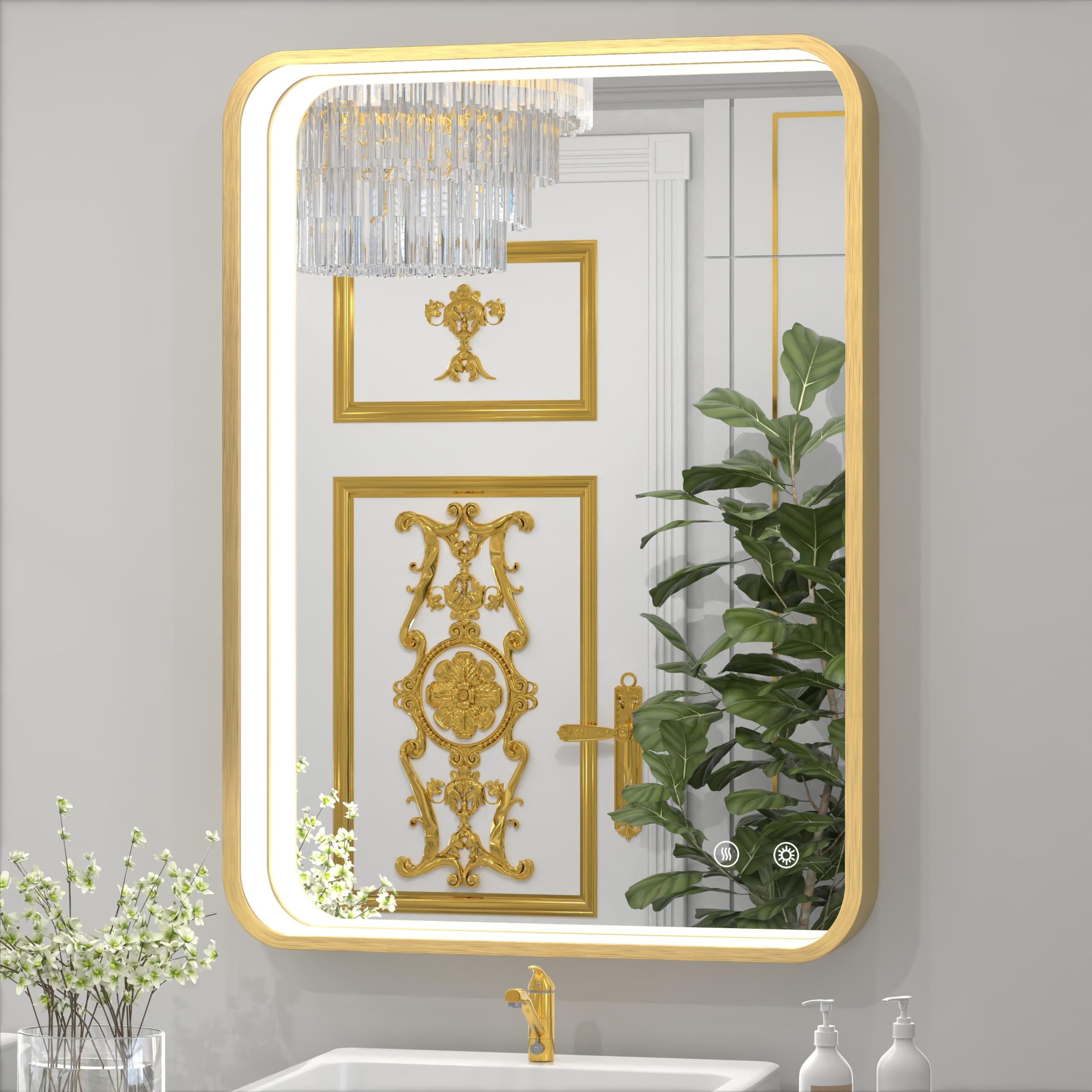 LED Bathroom Mirror 24x36 Inch Gold - 3 Color Lights (3000K/4500K/6000K), Stepless Dimmable, Anti-Fog, Memory Function, Wall Mounted Lighted Vanity Mirror for Bathroom, Horizontal/Vertical