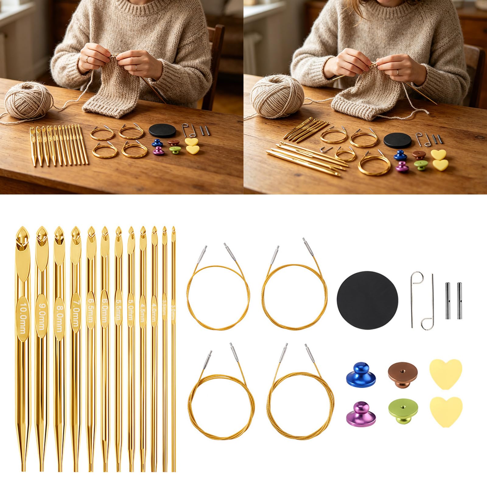 Austauschbares Garn Bastelwerkzeug Set mit 12 Metall Häkelnadeln, 4 abnehmbaren Kabeln und Tasche für die Handarbeit zu Hause, Häkelnadeln, abnehmbare Kabel, Metall Aufbewahrungstasche, Garn