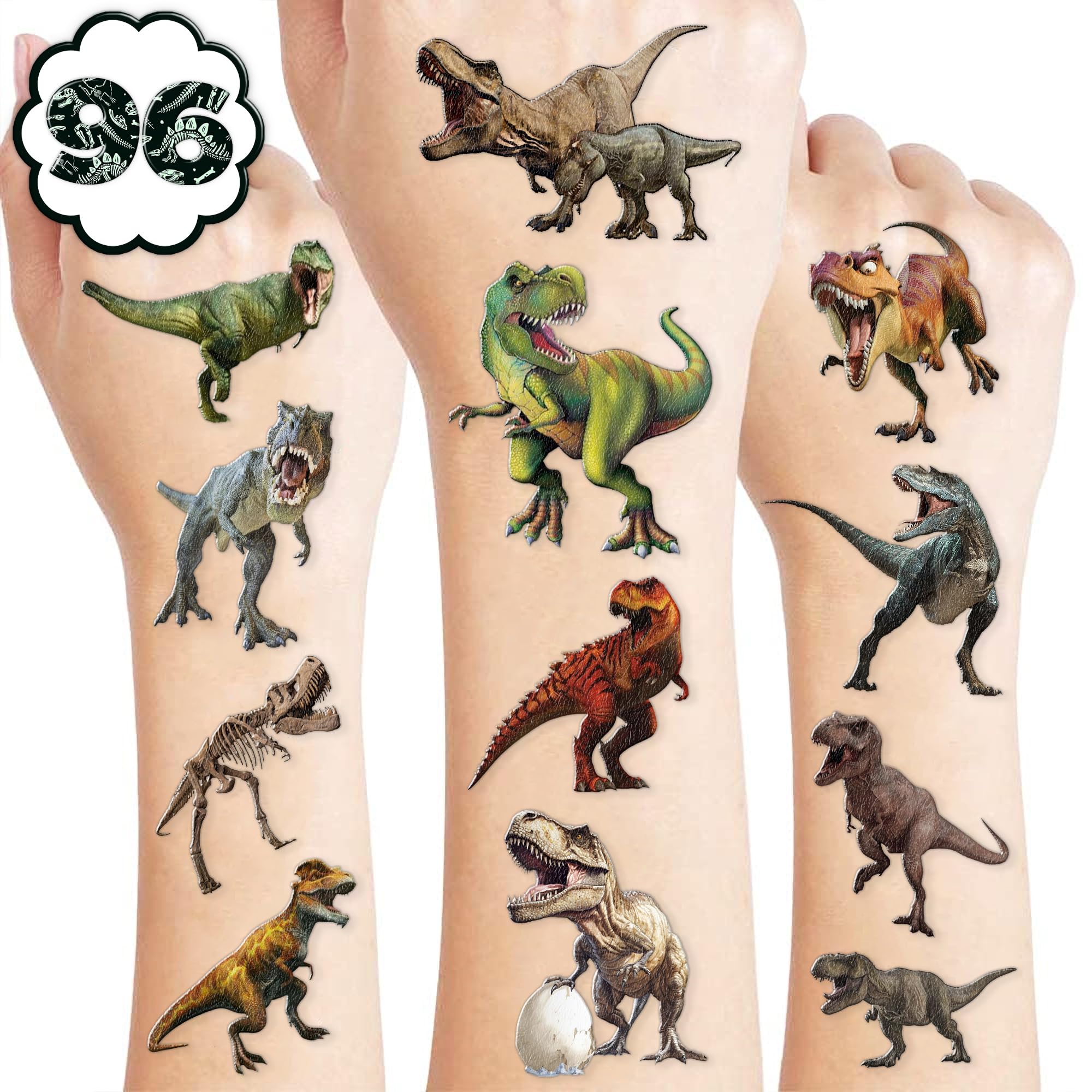 96 PCS T Rex Dinosaur Pre-Cut Temporary Tattoos Birthday Party Decorations Favors Supplies Decor 3D Tyrannosaurus Rex Dino Trex Cute Stickers Boys Girls Gift School Prizes Rewards (Normal)