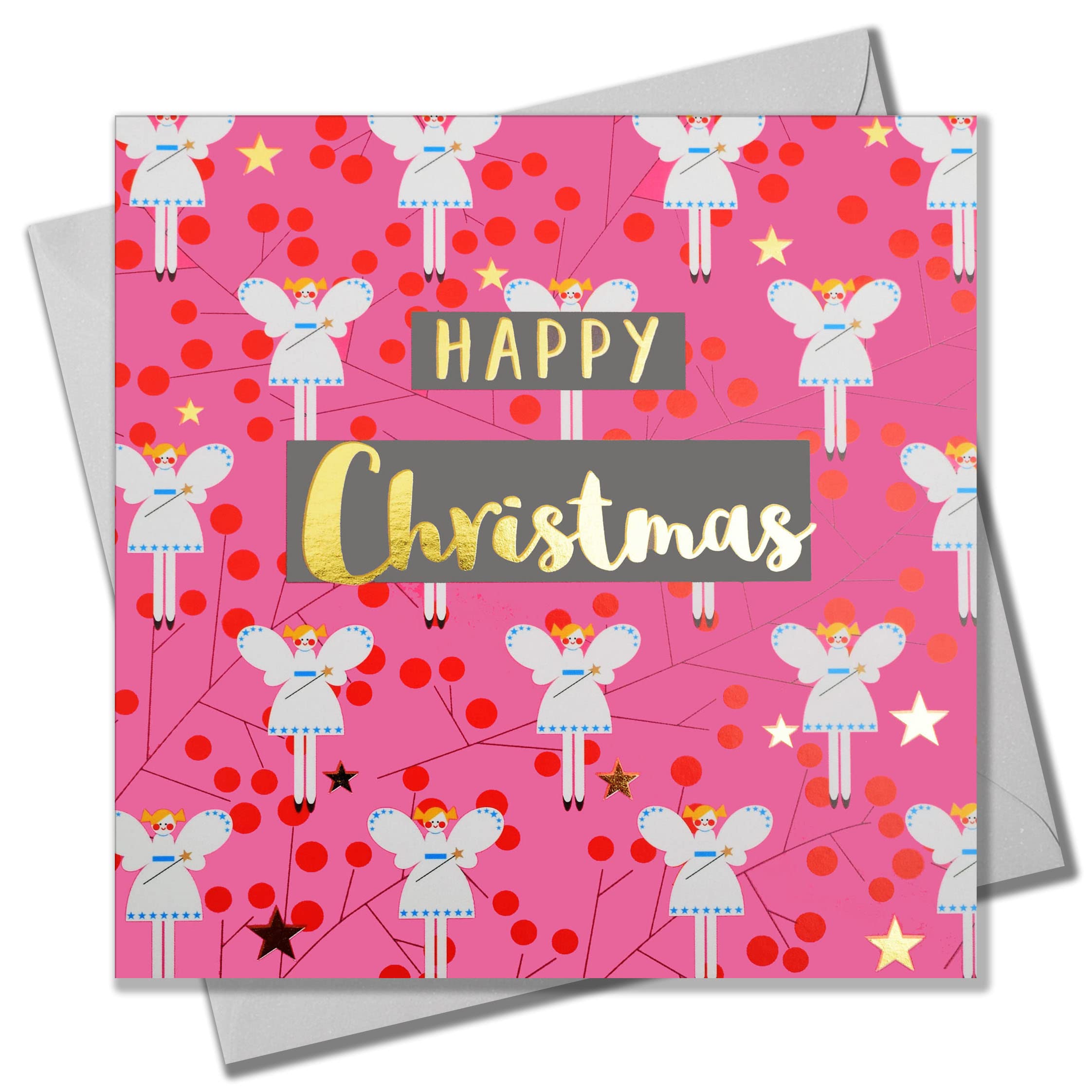 Claire Giles Greeting Cards, Happy Christmas Card, Fairies on Pink design xmas Greeting Card, Text Foiled in Shiny Gold