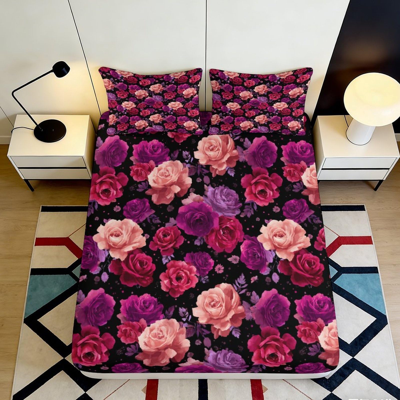 3D Printed Rose Floral Fitted Sheet Microfiber Soft Breathable Peony Pattern Mattress Cover for Bedroom Dorm Decor 90x200x25cm