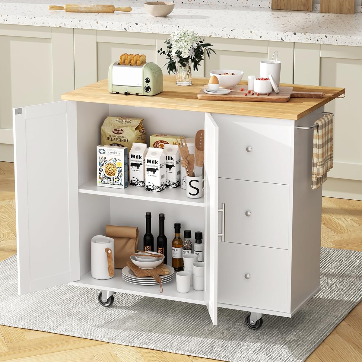 JY QAQA 40" Kitchen Island Cart Furniture cart on Wheels Rolling Portable Dining Room Serving Utility Carts Mobile Movable with Drawers Cabinet,White