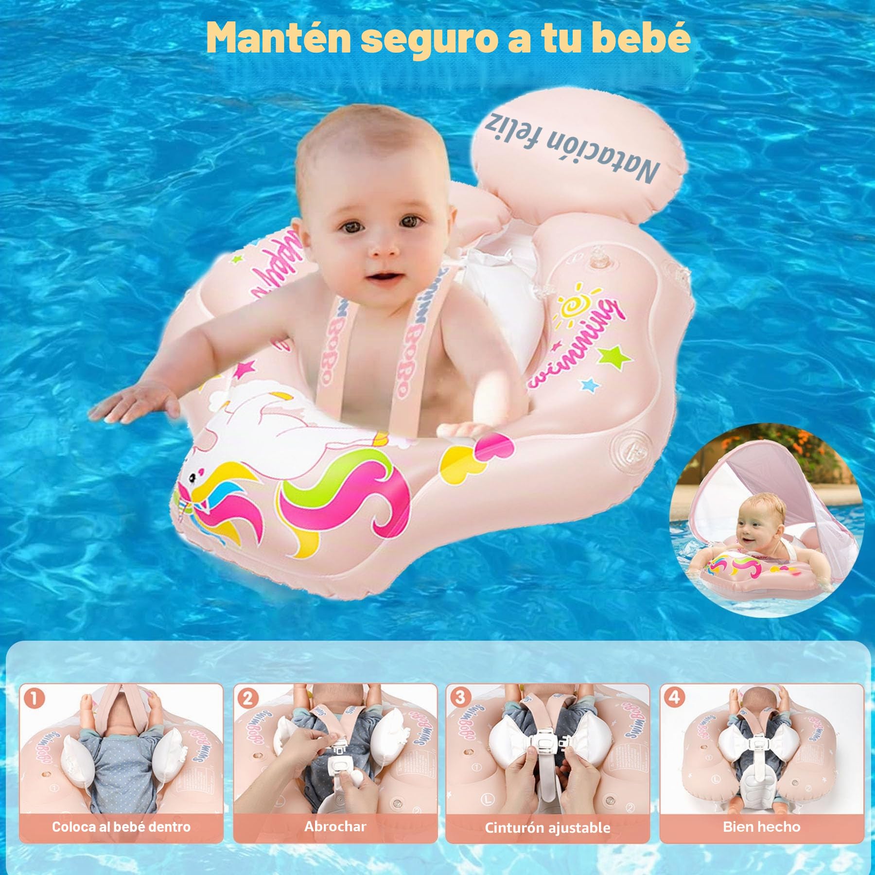 Flotador de natación para bebé con toldo extraíble, Flotador para bebé a Partir de 3 – 36 Meses, Correa de Hombro Ajustable, Flotador antivuelco, Flotador Inflable para bebé