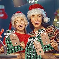 Vista 4 de Shappy 24 bolsas de Navidad con cordón, bolsas de arpillera a cuadros de Navidad, bolsas de lino con cuerda de 32.8 pies, 24 tarjetas