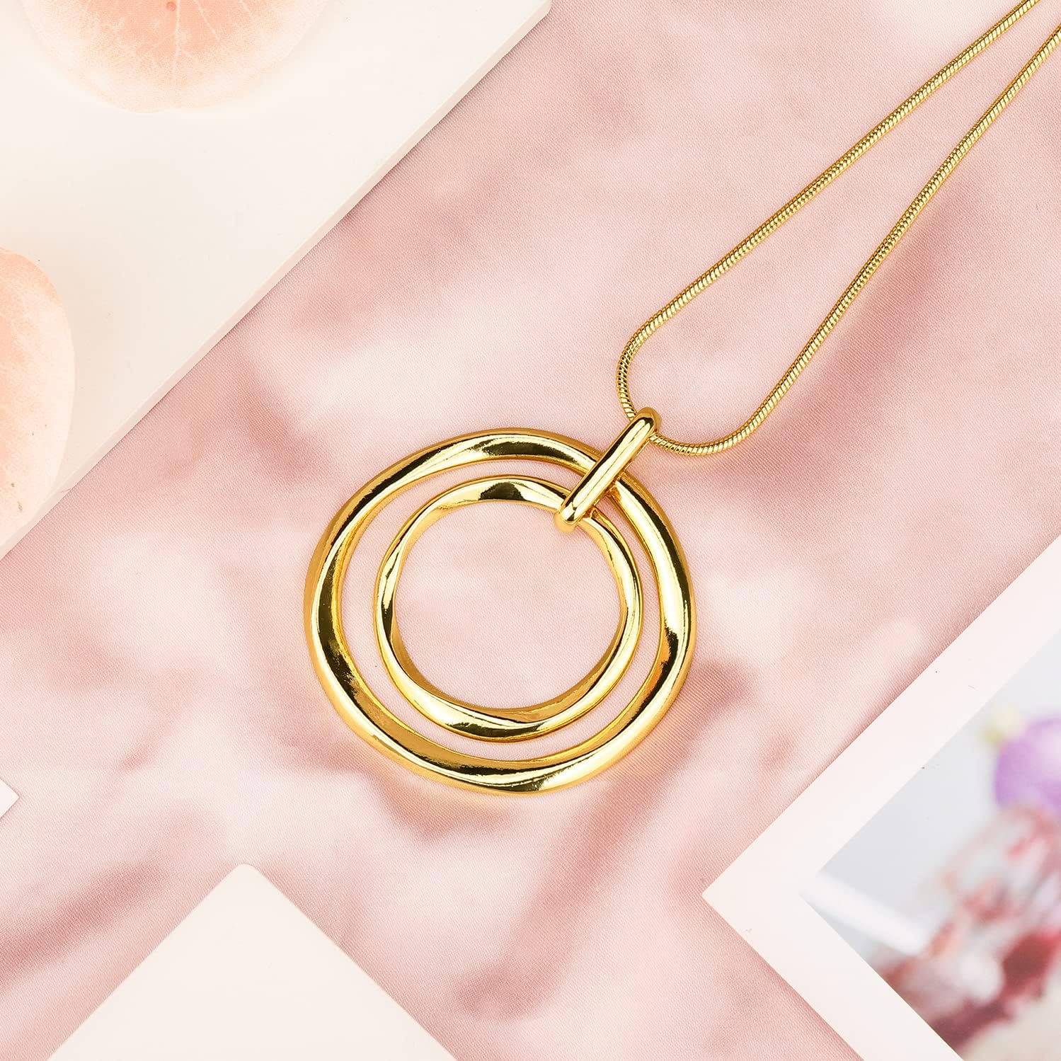 Silver Gold Double Circle/Ginkgo Necklace, Long Silver Necklace Sweater long Silver Chain for Women Silver Circle Large Pendant Womens Jewelry Silver Statement Necklace for Women Gift for Her - Image 4