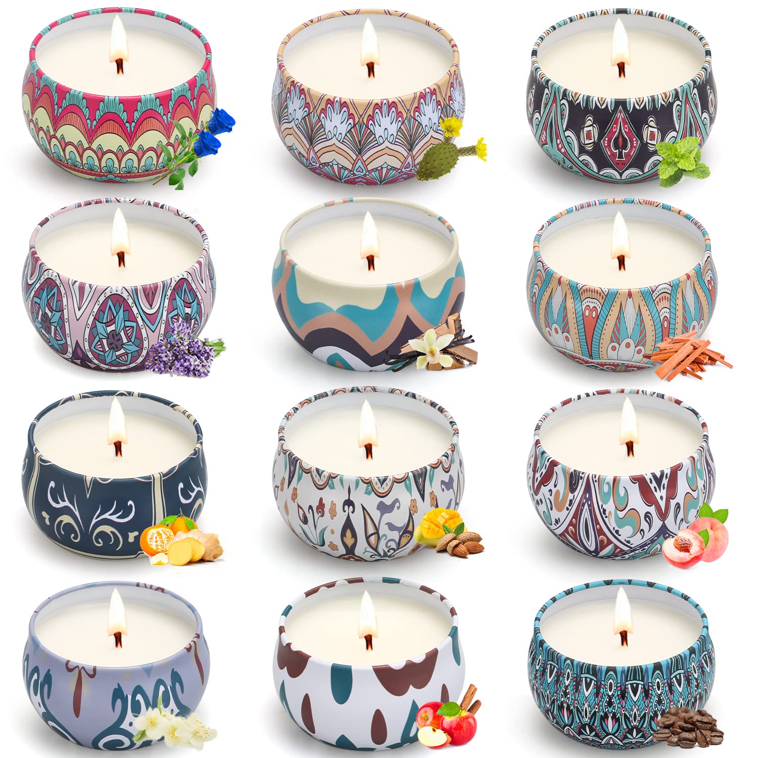 Set Regalo di Candele Profumate, 12 Pezzi di Candele di Cera di Soia per Aromaterapia Fruttata e Floreale per la Casa, Sollievo dallo Stress, Relax, 250 Ore di Durata, Regali di Compleanno per Donne