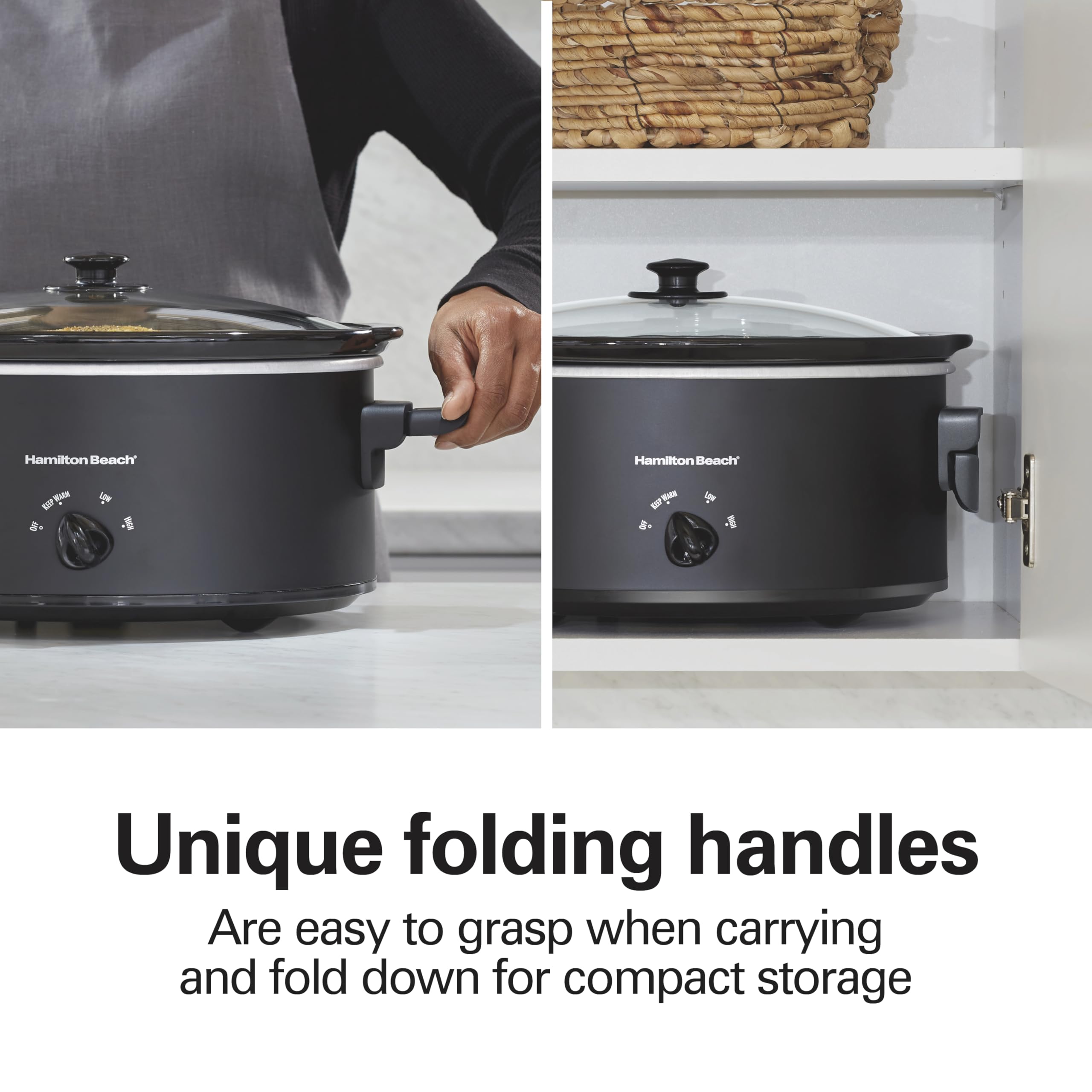 Hamilton Beach 6 Quart Slow Cooker with Space-Saving Folding Handles, 3 Heat Settings, Dishwasher Safe Stoneware Crock and Glass Lid, Black (33664)