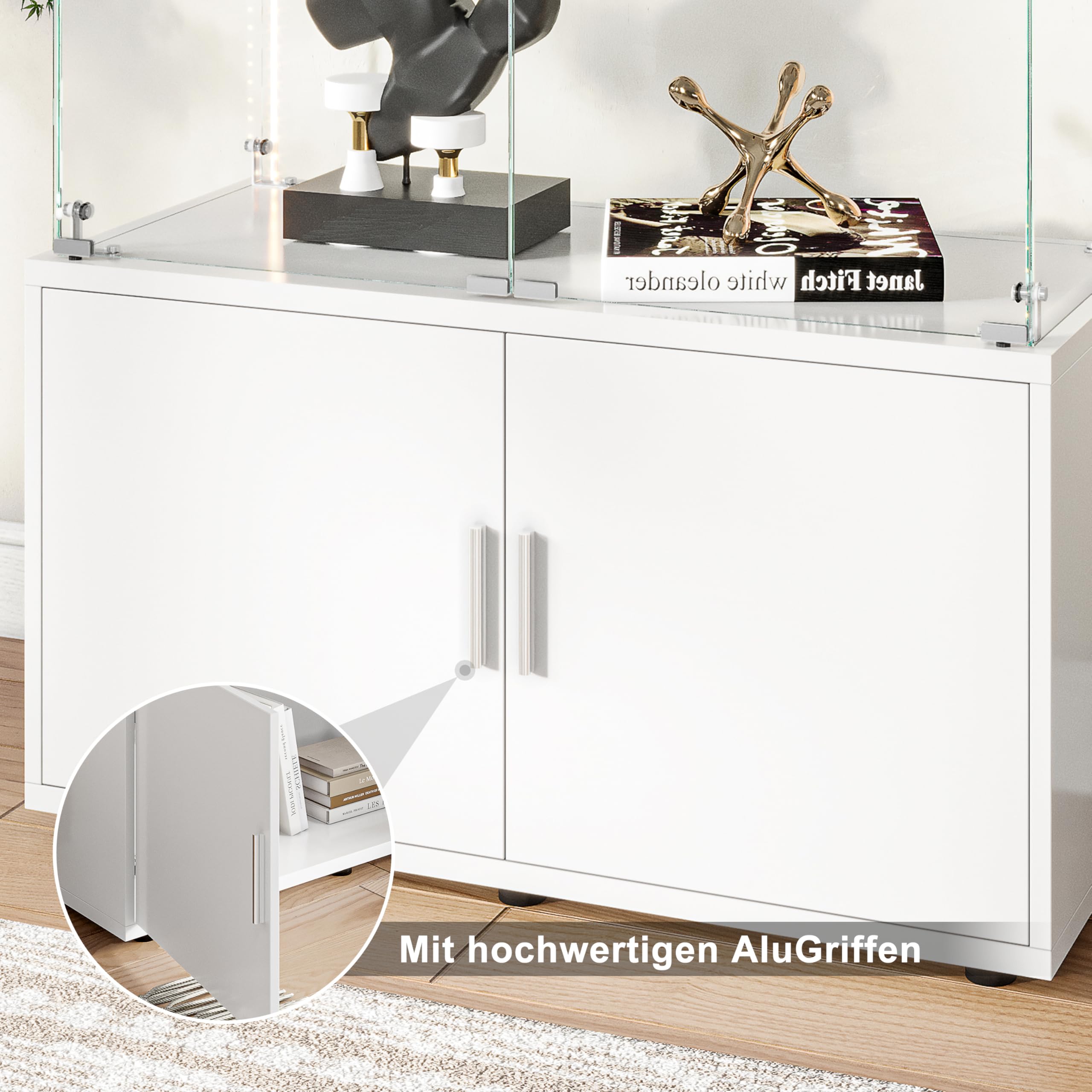 Vitrina con LED, armario escaparate de cristal de alta calidad, genérico vitrina de cristal, armario de colección moderno de cristal, mueble bajo de madera (blanco, 4 puertas de 4 capas de tira
