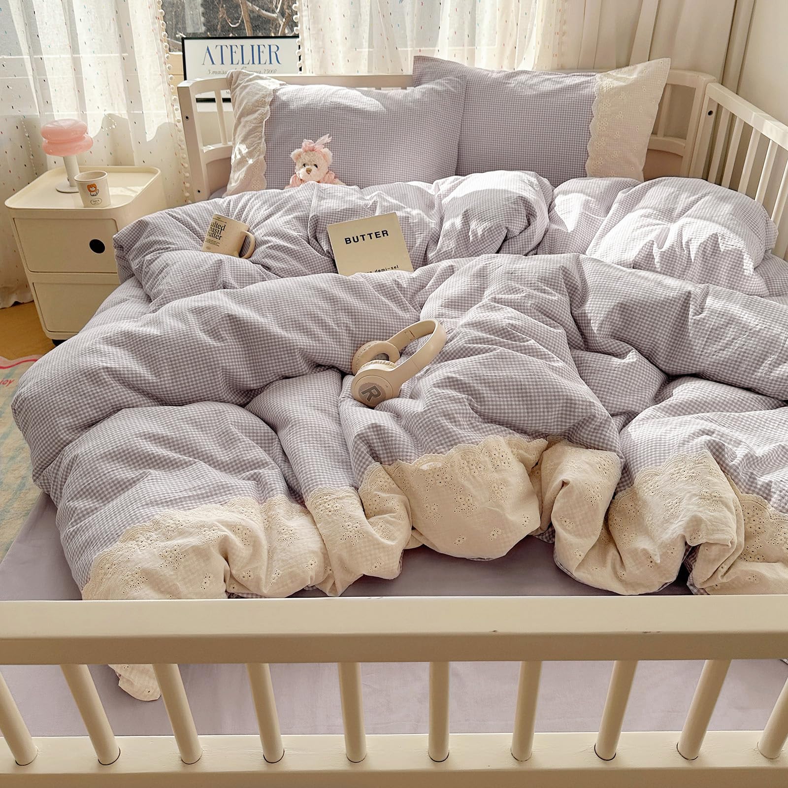 VM VOUGEMARKET Lilac Gingham Duvet Cover Queen Plaid Checkered Comforter Cover with Zipper 3Pcs Soft Breathable Washed Microfiber White Lace Bedding Set for Girls