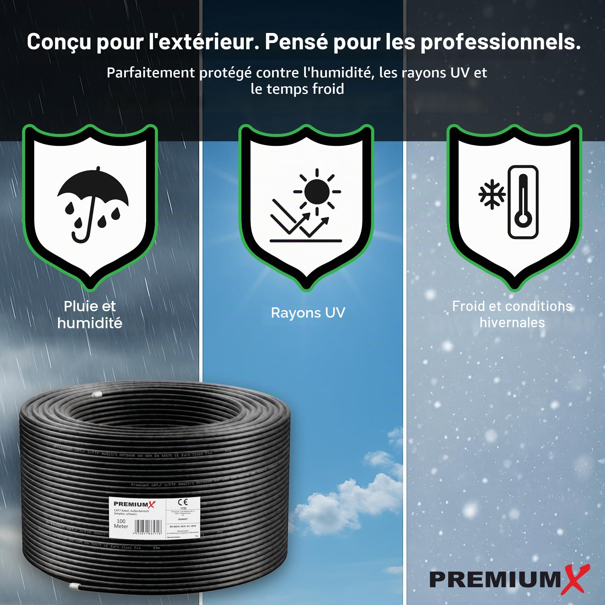 Premium X Câble réseau d'extérieur CAT 7 - 100 m - 10 Gbit/s - Câble de terre - Câble Ethernet LAN pour extérieur - S/FTP AWG23/1 - En cuivre pur - Noir