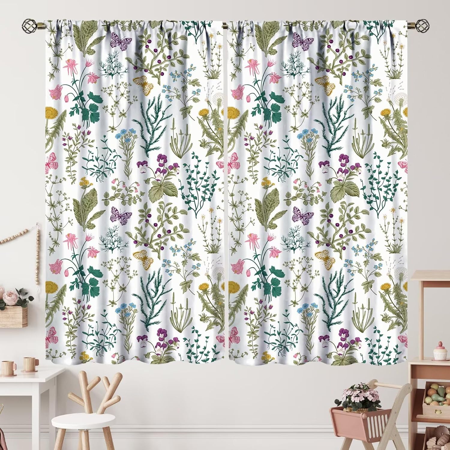 Floral Curtains Vintage Garden Plants Herbs Flower Botanical Classic Design Art Curtain with Rod Pocket for Bedroom Living Room Decor Drapes Window Treatments 2 Panels Set 42x54 Inch