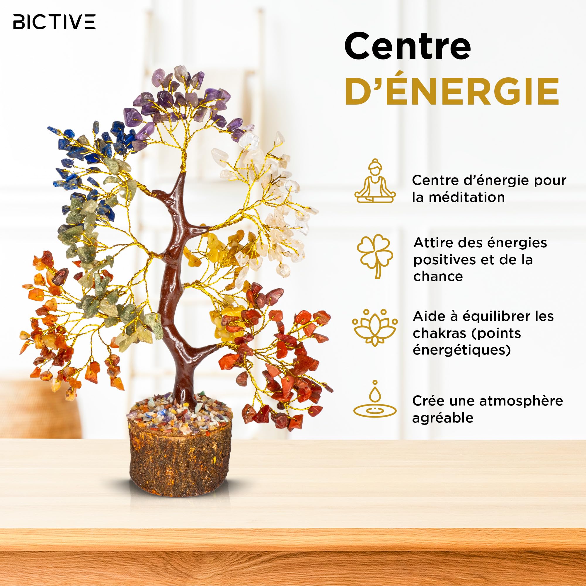 Arbre de Vie Pierre Naturelle et Pendentif. Arbre de Guérison 7 Chakras, Pierres Lithotherapie Décoration Méditation Spirituelle. Feng Shui Deco Maison Moderne. 300 Pierres Précieuses 25 cm