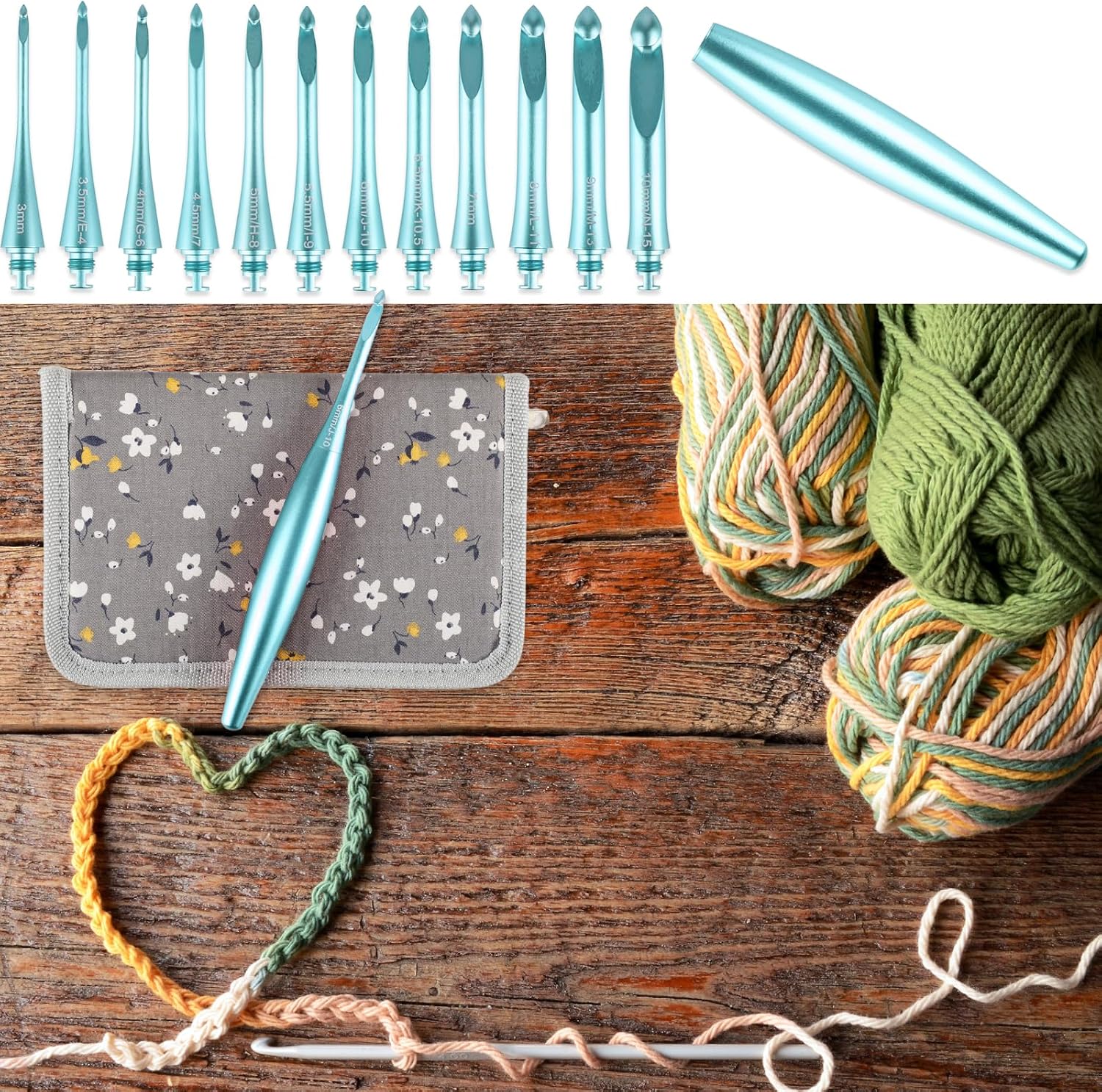 Svartur Interchangeable Crochet Hook Set with 12 Hooks – Ergonomic Crochet Hooks Large Handle, US Sizes E-4 to N-15 (3mm–10mm), Smooth & Lightweight, Crochet Kit with Storage Case, Blue