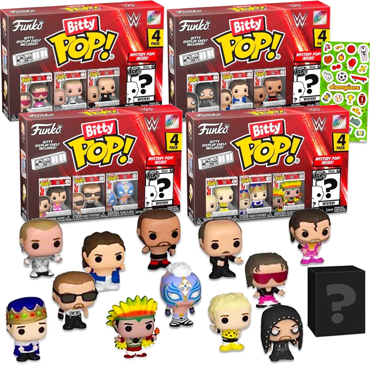 WWE Funko Bitty Pop 4 Pack - Bundle with Mini Funko Pop Figures of The Undertaker, Batista, Rey Mysterio, Dusty Rhodes, More Plus Stickers | WWE Mini Figures Collectible Set