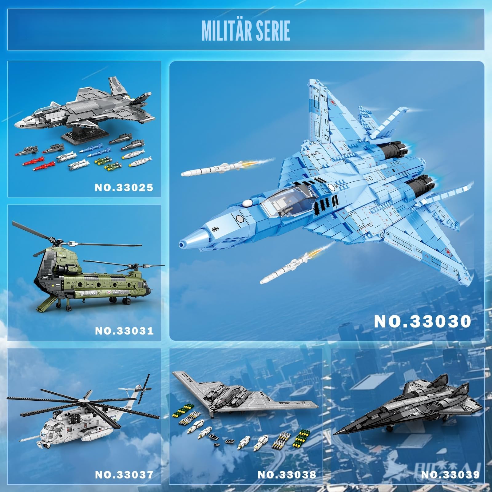 Reobrix SU-57 Heavy Fighter Jet Bauset, Militär-Armee-Flugzeug-Block-Modellbausatz für Erwachsene, 33030 Flugzeug-Dekor-Ziegelstein-Spielzeug, Puzzle-Geschenke für Männer, Kinder ab 14 Jahren (1456