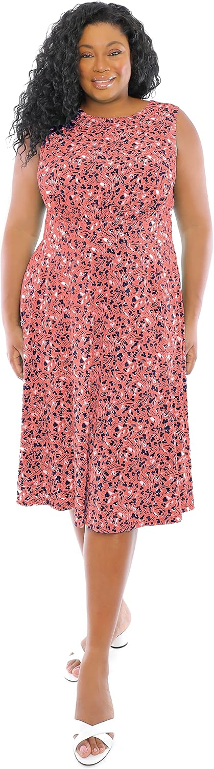 London Times Women's Sleeveless Inset Waist Midi Fit and Flare Dress