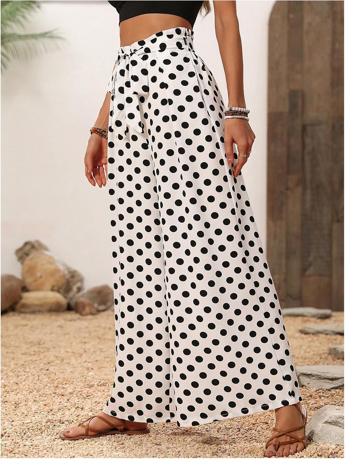 GORGLITTER Women's Polka Dots Wide Leg Belted Pants Elastic Waist Vacation Summer Beach Trousers - Image 2