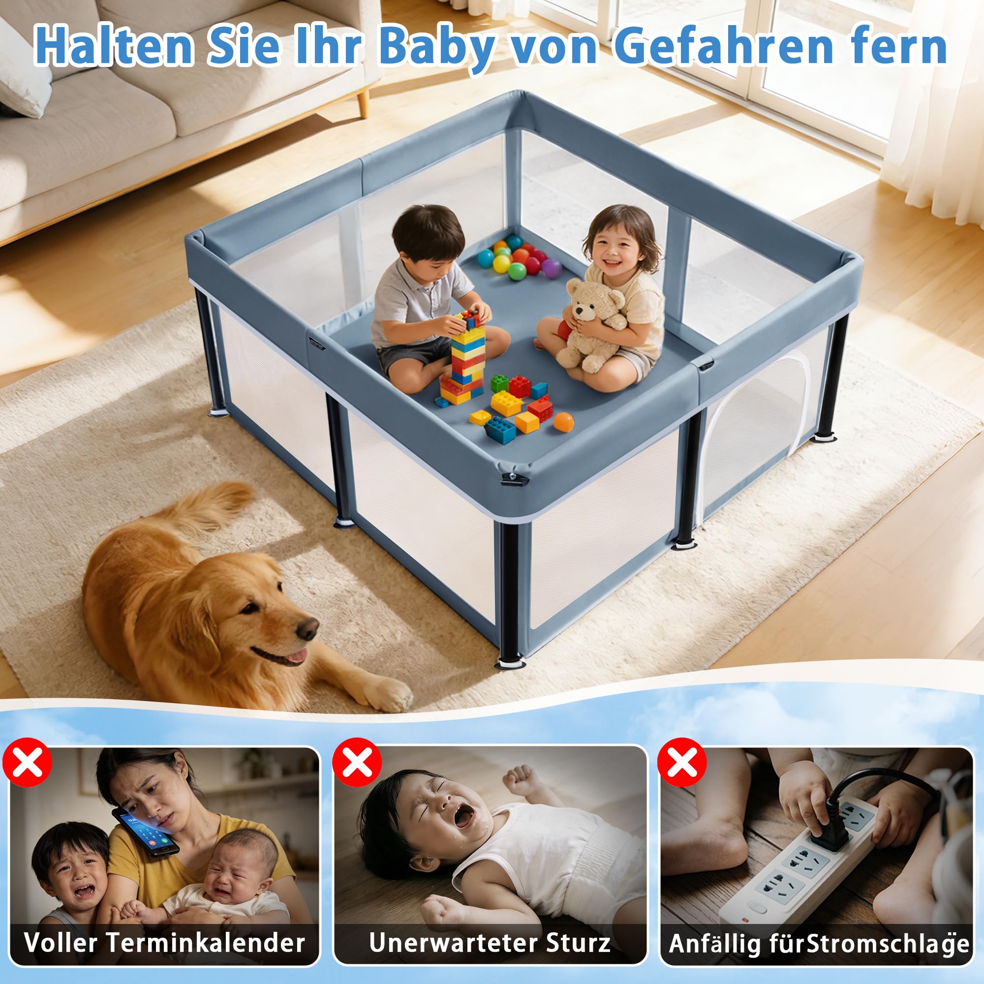 Parc pour bébé - 180 x 180 cm - Pliable - Gris foncé | Clôture de jeu 150D Oxford pour intérieur et extérieur avec sac de rangement, parc