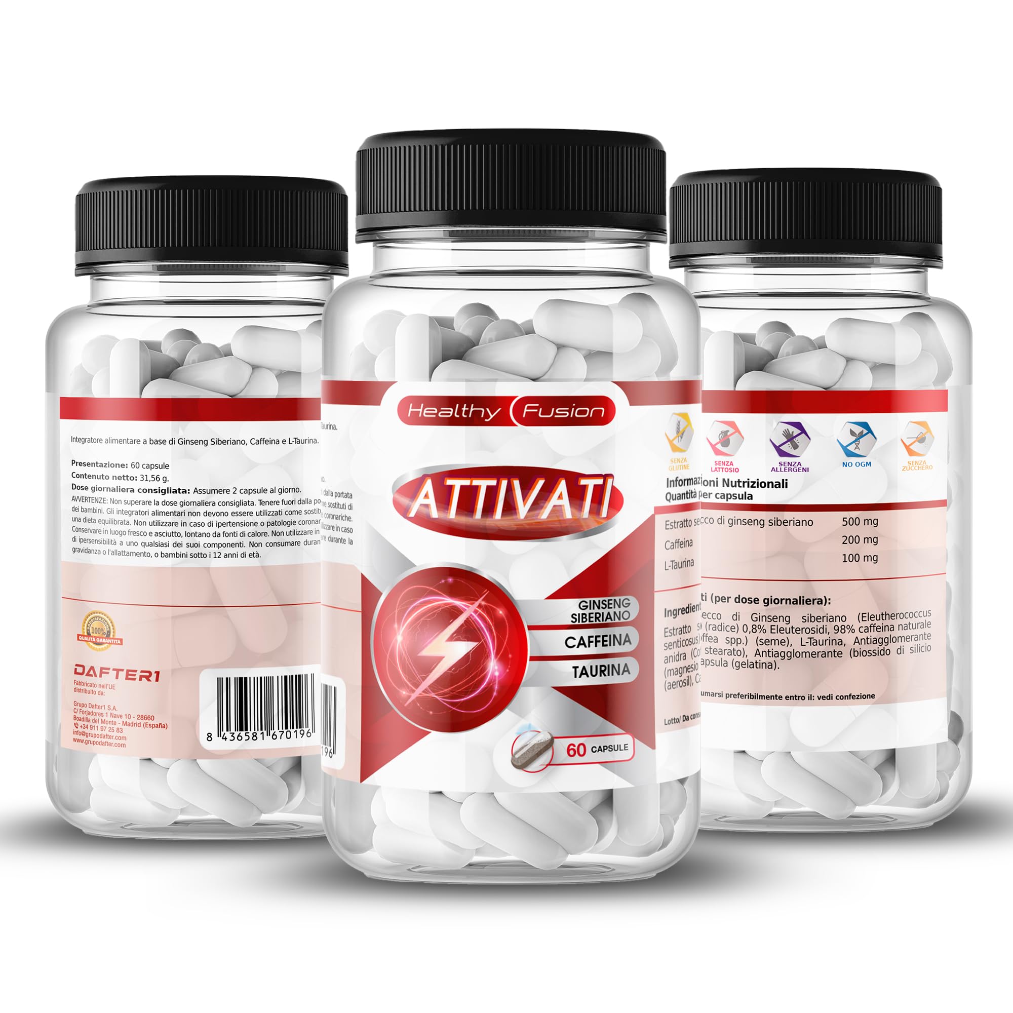 Healthy Fusion - Actívate | L-Taurina + Cafeína + Ginseng Siberiano | Integratore alimentare | 60 capsule