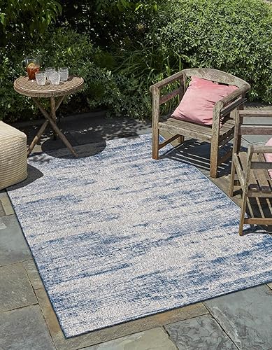 Unique Loom Outdoor Modern Collection - Alfombra rectangular de 7 pies 10 pulgadas x 11 pies, color azul y marfil