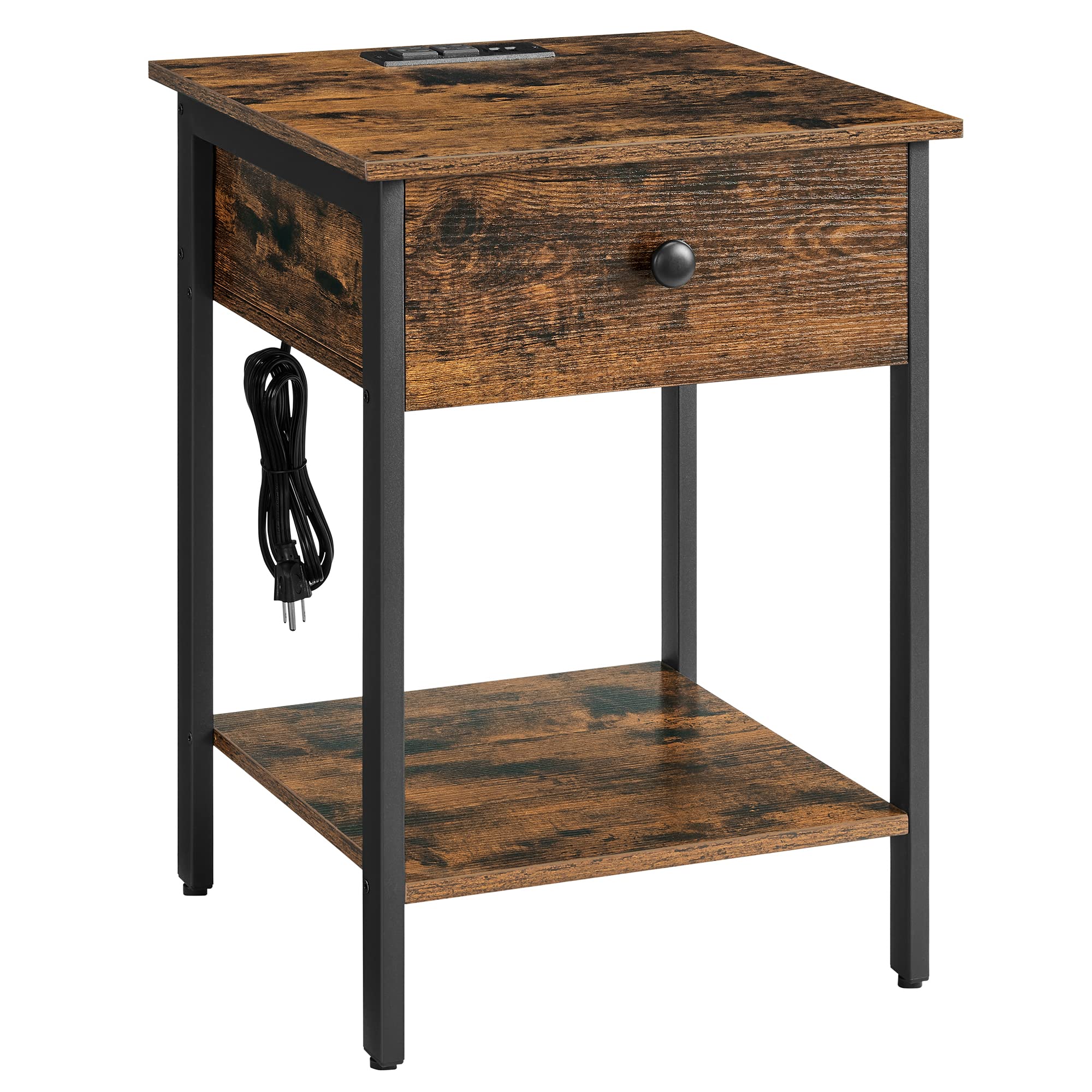 VASAGLE Nightstand with Charging Station and USB Ports, Side Table with Drawer and Storage Shelf, End Table, for Bedroom, Easy Assembly, Industrial Night Stand, Rustic Brown and Black ULET513B01