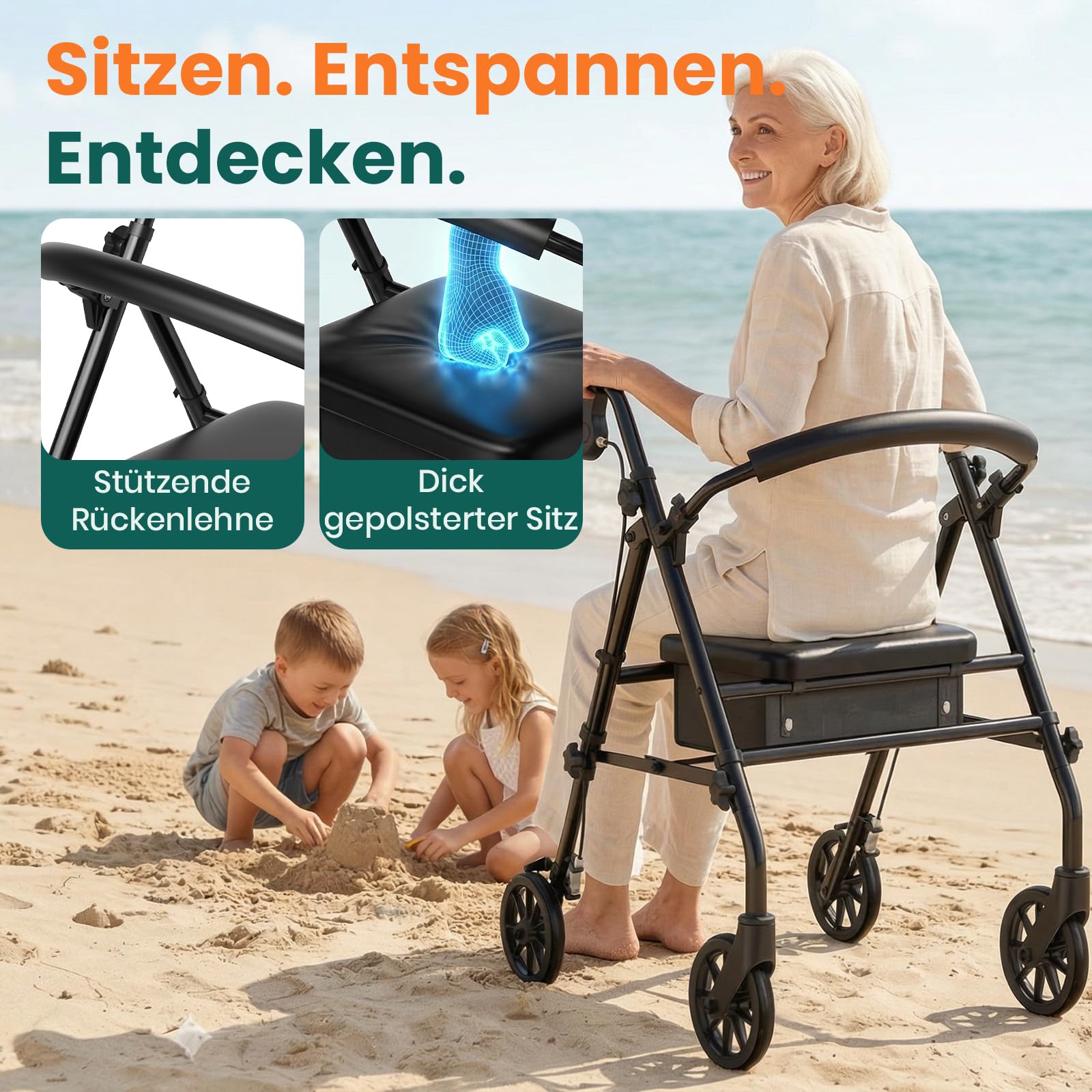 Rollator mit Sitz und Stauraum – leichter, faltbarer 4‑Rad Gehwagen mit Rahmen für Senioren und mobilitätseingeschränkte Personen, für Innen‑ & Außenbereich, Schwarz