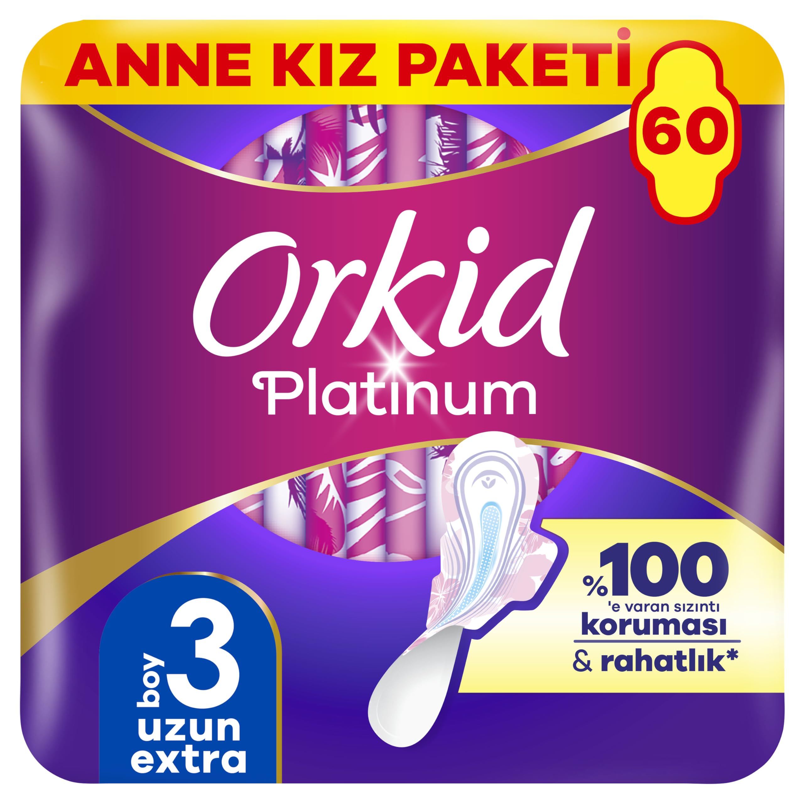 Orkid Platinum Hijyenik Ped Anne Kız Paketi Uzun Extra (Boy 3) Dev Ekonomik Paket 60 Adet Ped