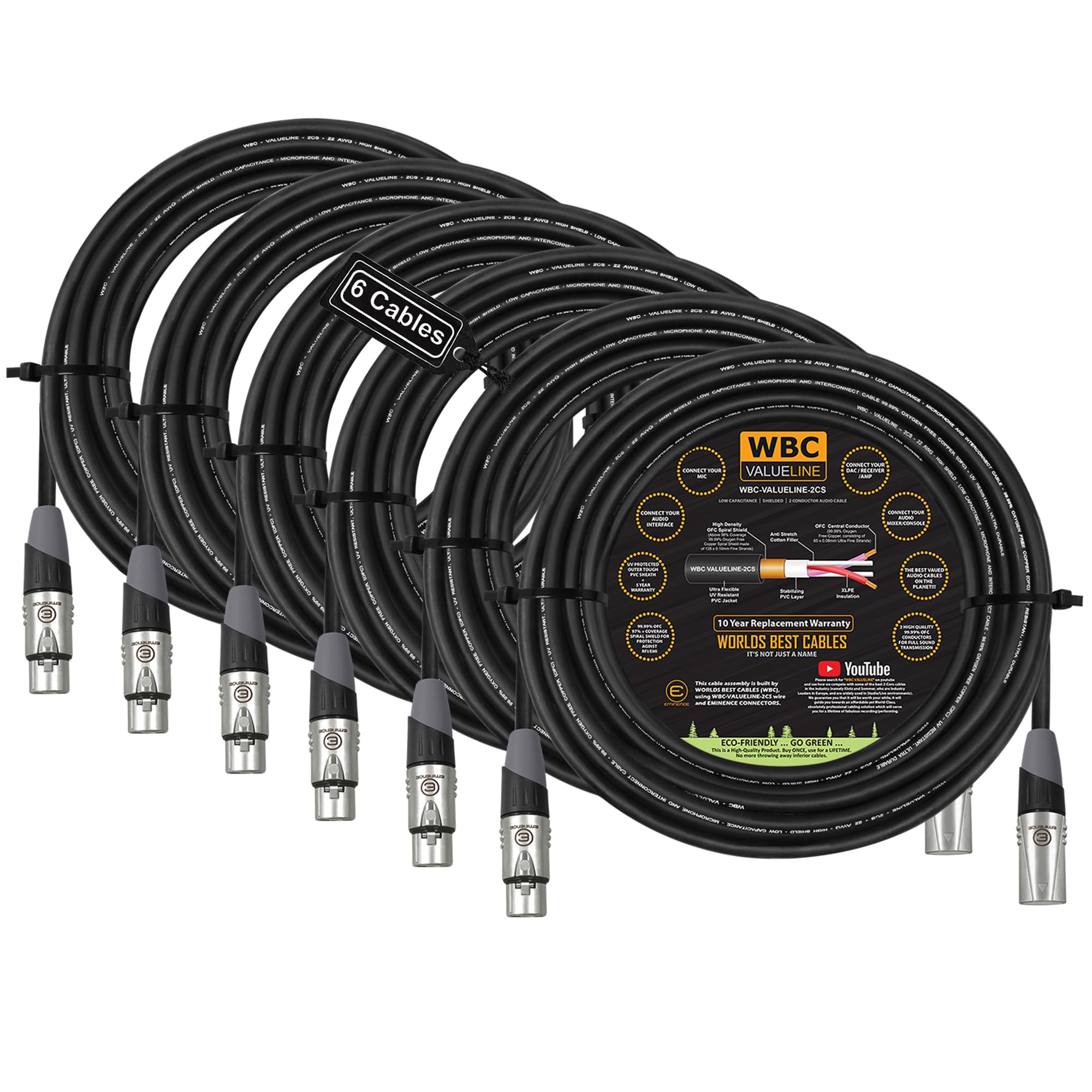 WBC-VALUELINE-2CS (22 AWG) - 6 unidades - Micrófono flexible equilibrado blindado de baja capacitancia, altavoces activos y cables de interconexión con conectores XLR Eminence Gold