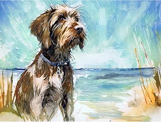 Oscar Jetson Watercolour Art Print of a Wirehaired Pointing Griffon at the Beach, 230gsm Matte Paper, Hand-Signed Giclee Print, Available in Multiple Sizes (8x10 inches)