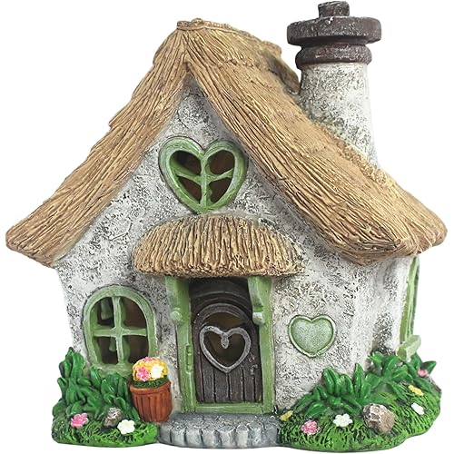 PRETMANNS Fairy House for Outside with Solar Powered LED Lights for Garden - Fairy Garden Houses for Outdoor - Miniature Accessories for Cottage Decor for Village - 7.56” High, Green