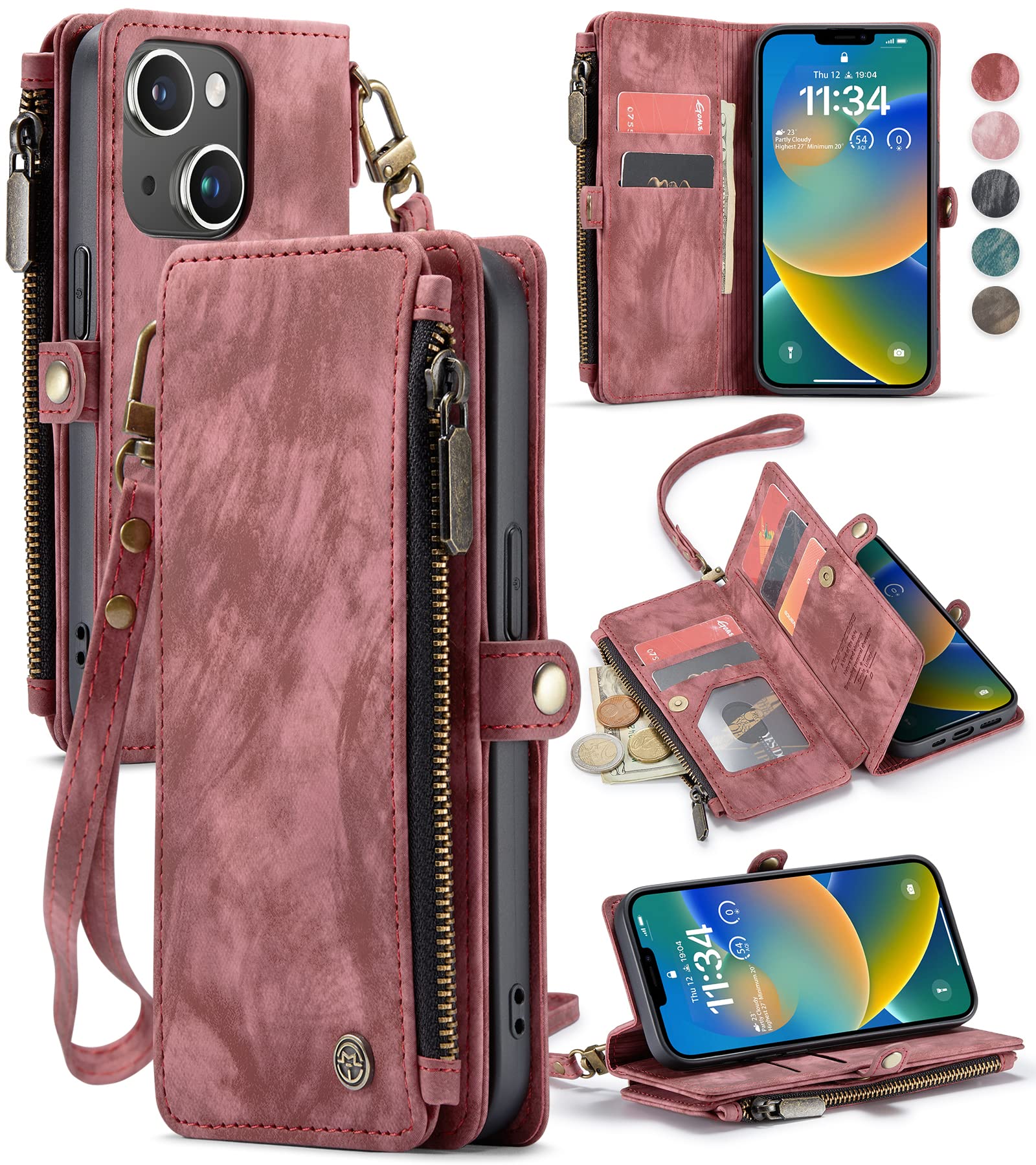 Defencase for iPhone 14 Case, iPhone 14 Wallet Case for Women Men, Durable PU Leather Magnetic Buckle Flip Strap Wristlet Zipper Card Holder Wallet Phone Cases for iPhone 14 [6.1-inch], Fashion Red