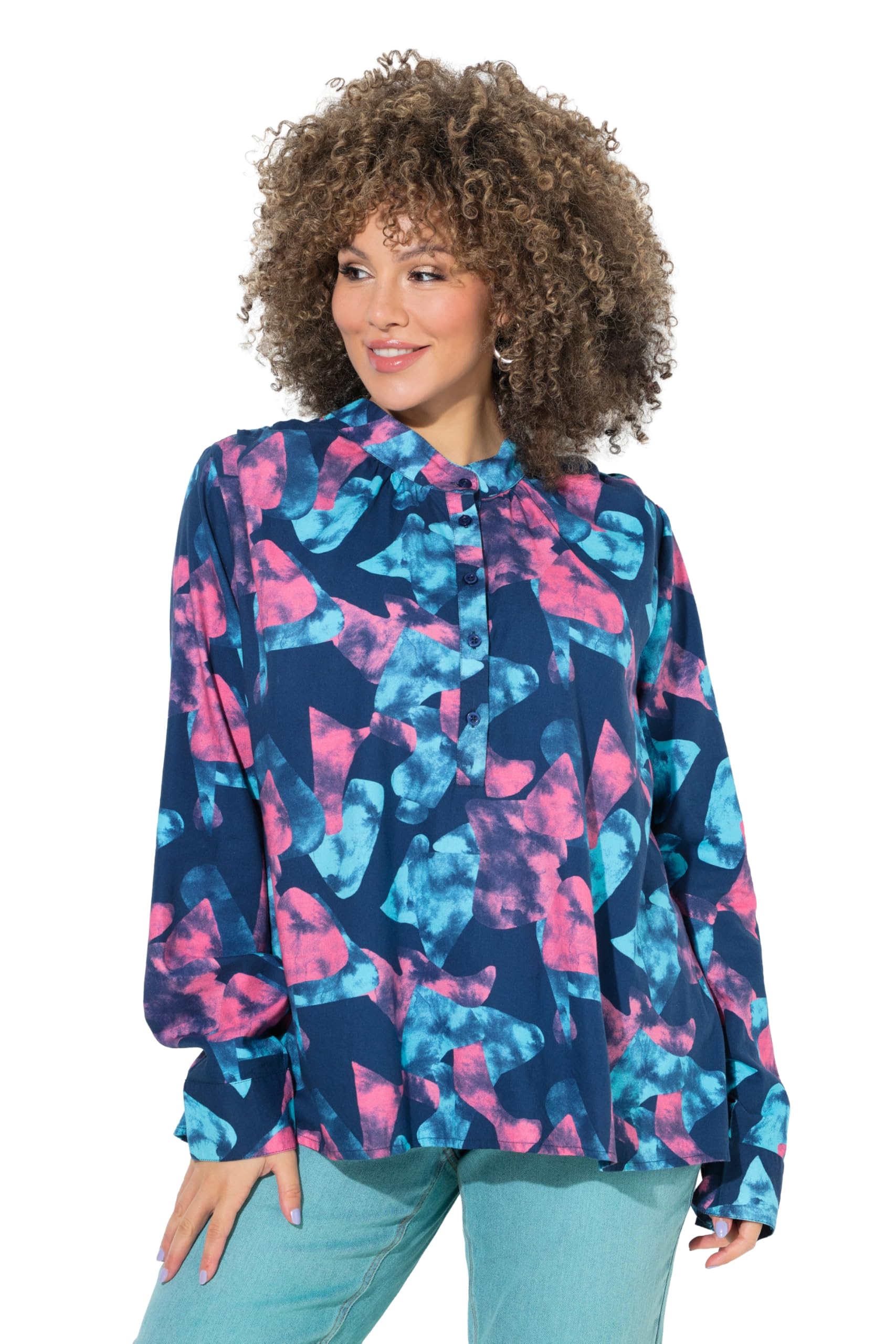 Ulla Popken Damen große Größen Übergrößen Plus Size Tunika, grafischer Druck, A-Linie, Stehkragen, Langarm 848263