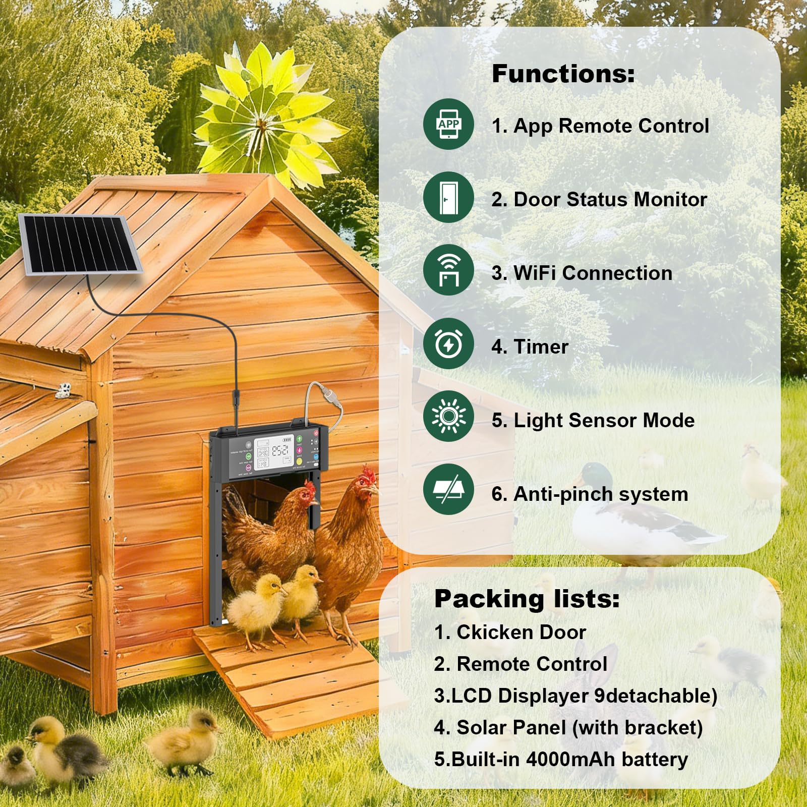 Porta Pollaio Automatica Solare Alluminio, Porta Elettrica Sensore Crepuscolare, Timer, WiFi & App, Sistema Anti-pizzicamento, Schermo LCD, Telecomando e Batteria 4000mAh