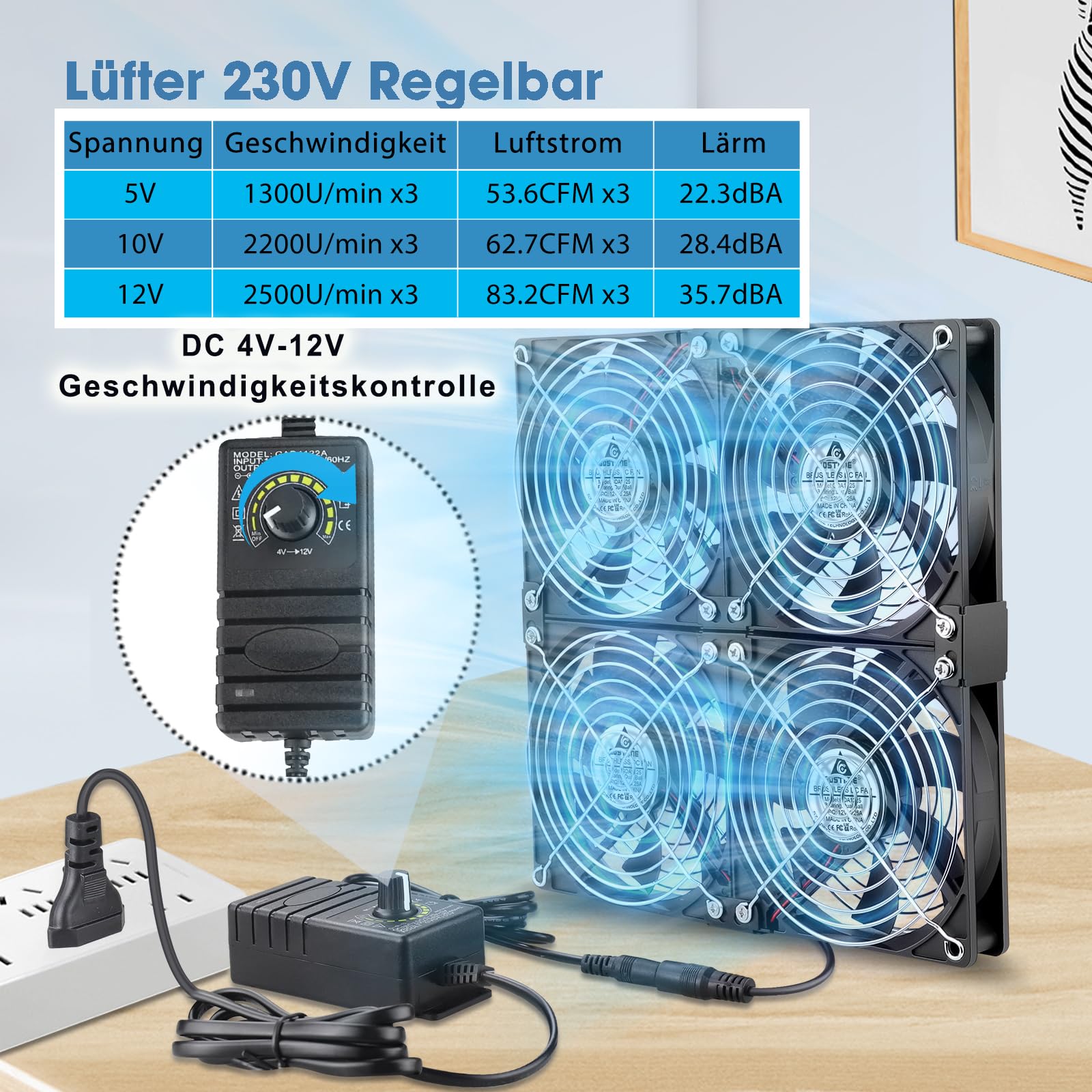 GDSTIME - 4 ventole per computer da 120 mm, DC 12 V, con ventola AC 230 V, controllo della velocità regolabile da 3 V a 12 V, per laptop, armadio, telaio del server, ventilazione, per cambiare ventole