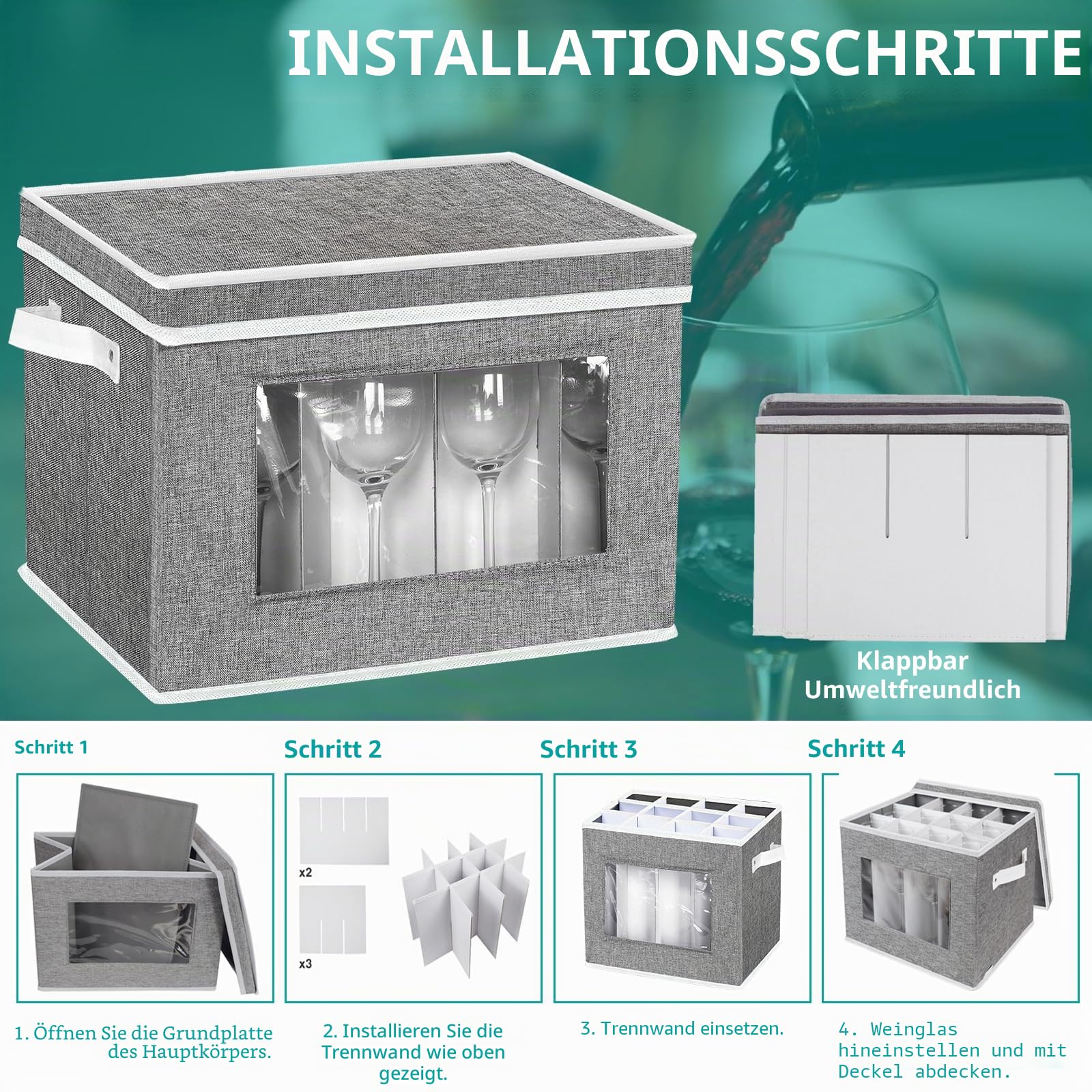Champagnerflöten-Aufbewahrungsbox mit Trennwänden, Champagnerglas-Aufbewahrungsbehälter, Hartschalen-Stielglas-Aufbewahrungskoffer-Organizer-Service für 12 Kristall-Champagnerflöten Aufbewahrung und