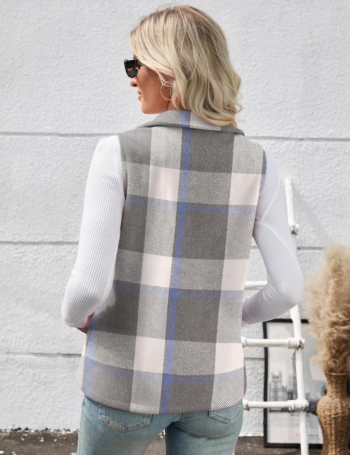 Rapbin Women's Plaid Outerwear Vests Tops Zip Up Collared Sleeveless Jacket with Pockects - Image 6