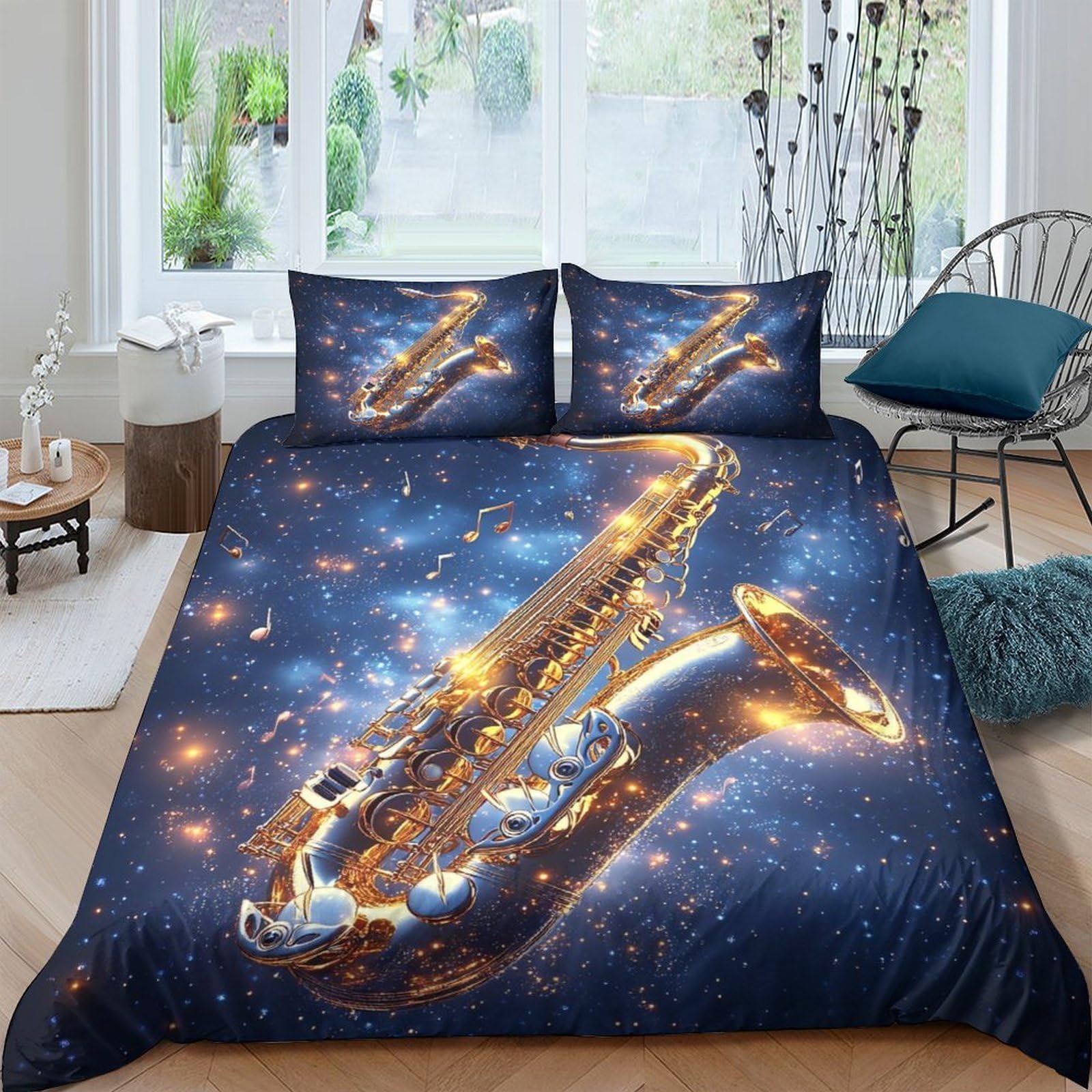 GPLZQXKJNH 3D Printed Golden Saxophone Duvet Cover Set Microfiber Soft Breathable Starry Sky Bedding with 2 Pillowcases for Bedroom Single（135x200cm）
