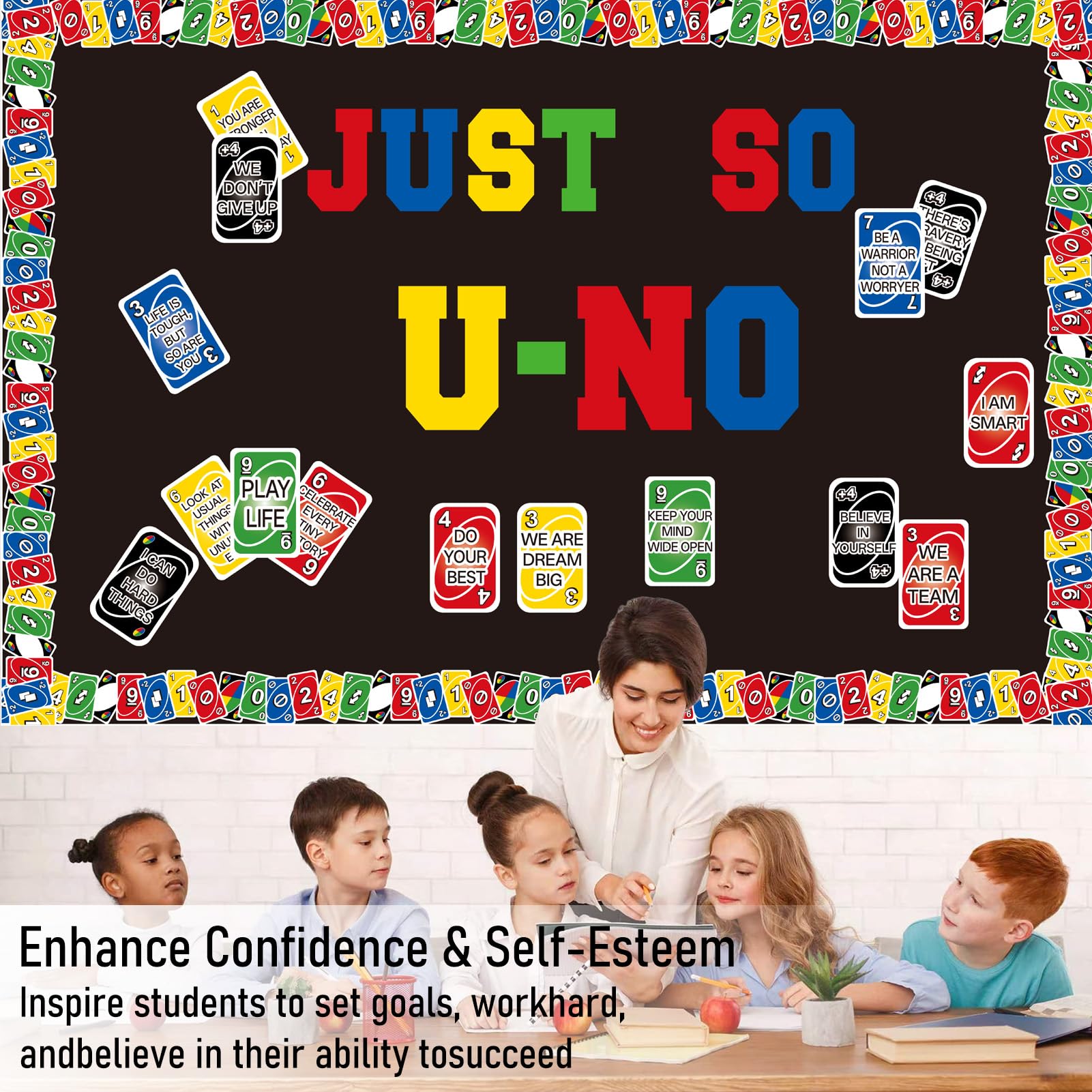 UNO Jeu de cartes positif, décoration de tableau d'affichage positif, bordures de jeu de motivation, décoration de salle de classe, bibliothèque, fenêtre, mur, porte, pour enseignant d'école