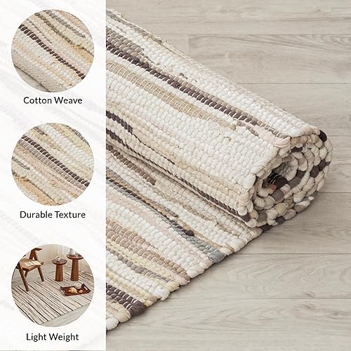 Miniatura 2 de HOMEMONDE Alfombra Chindi beige de 3 x 5 pies, alfombra de trapo de algodón suave reciclado, hecha a mano, reversible, decoración bohemia para