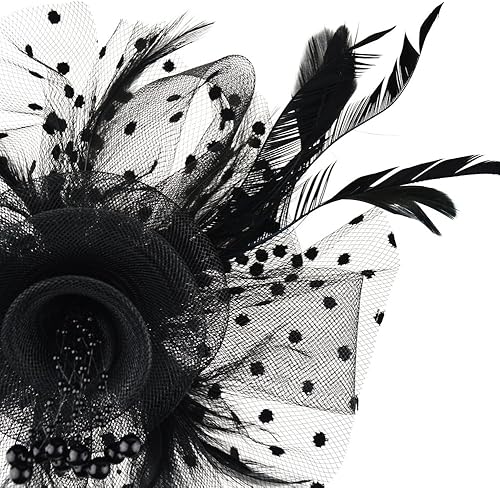 Miniatura 4 de DRESHOW Fascinators Hat Flower Mesh Ribbons Feathers on a Headband and a Clip Tea Party Headwear for Girls and Women