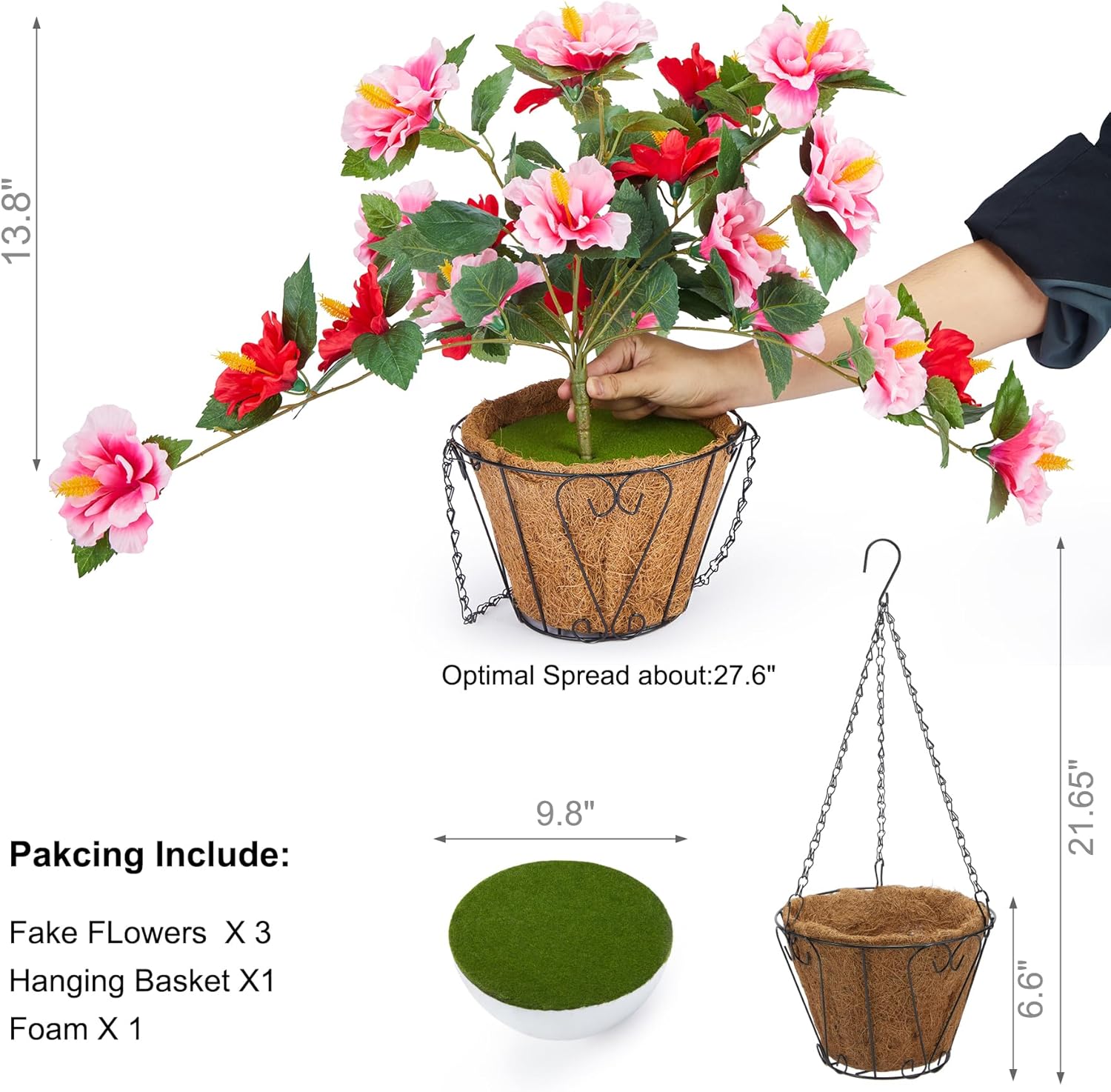 Artificial Flowers for Outdoors Indoors,3 Bunches Fake Hibiscus with Hanging Basket Foam Realistic UV Resistant Silk Flower Leaves,Faux Plant for Outside Home Patio Garden Poch Decor(Red,Pink) - Image 2