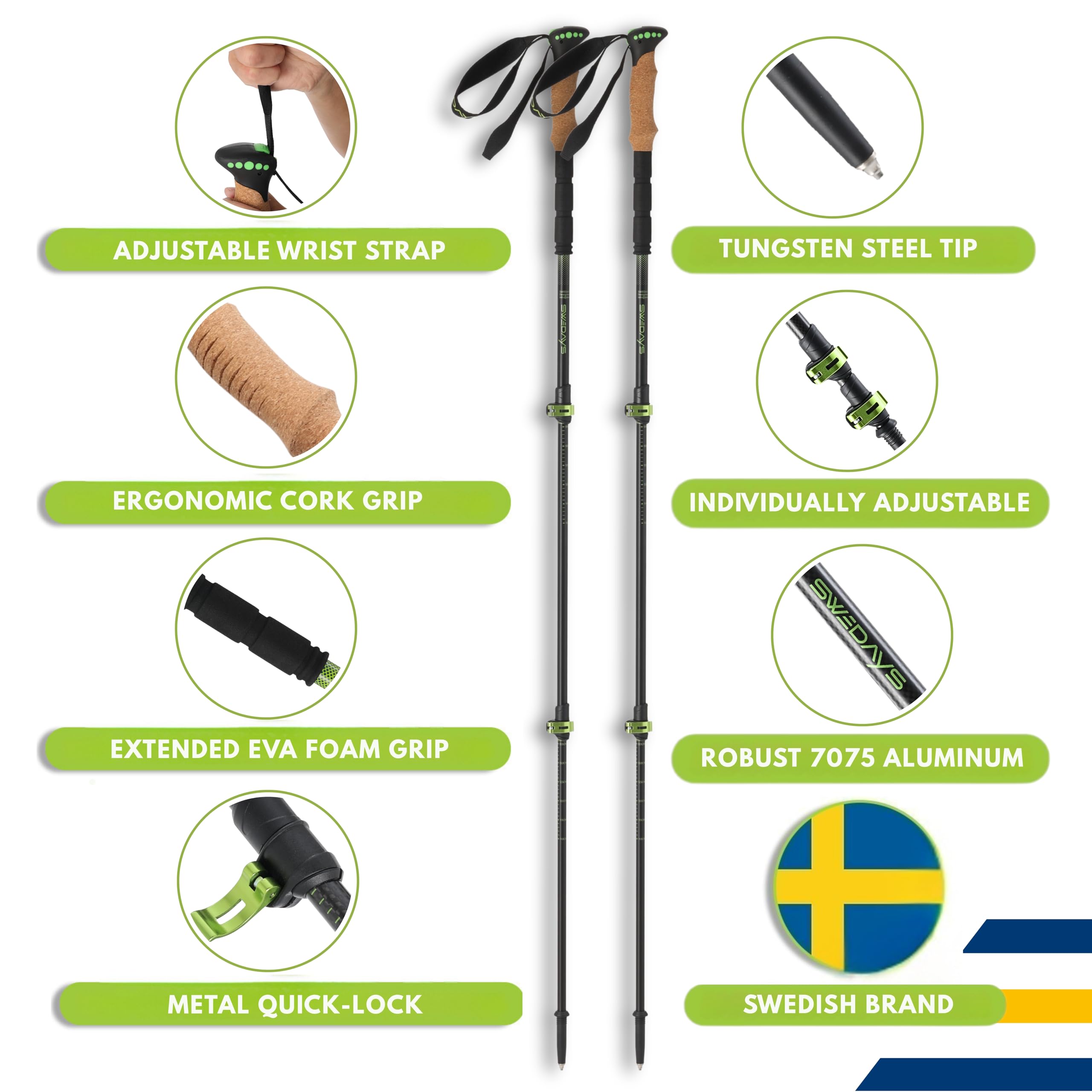 Kijki trekkingowe teleskopowe do Nordic Walking dla kobiet i mężczyzn, kijki trekkingowe, lekkie i regulowane, 63-135 cm, aluminiowe kijki trekkingowe z korkowym uchwytem i gumowym odbojnikiem
